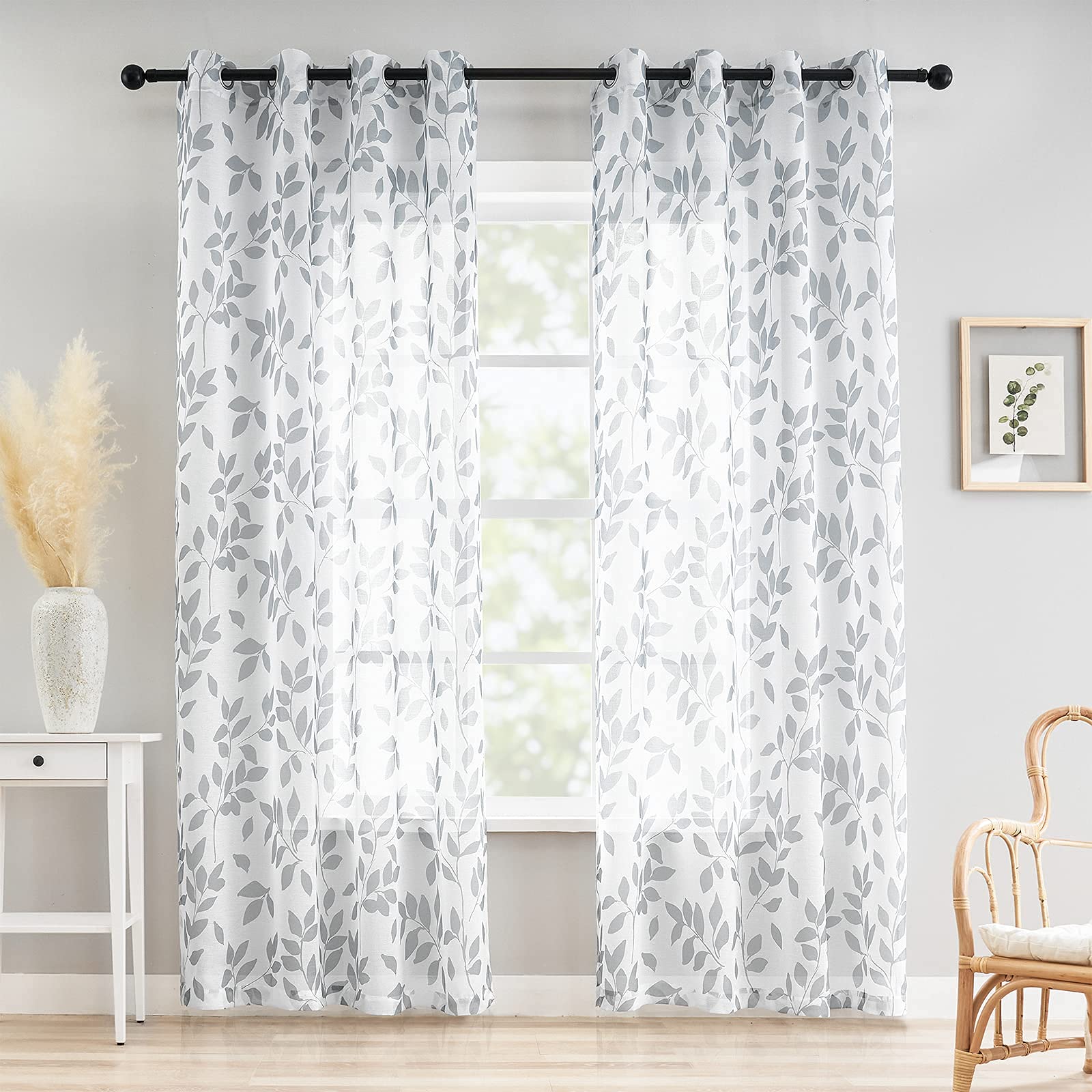 Rideaux transparents blanc-gris à motifs de feuilles pour salon/chambre à coucher - Motif botanique avec filtrage de la lumière - Texture lin rustique avec œillets - 228,6 cm de long x 127 cm de large