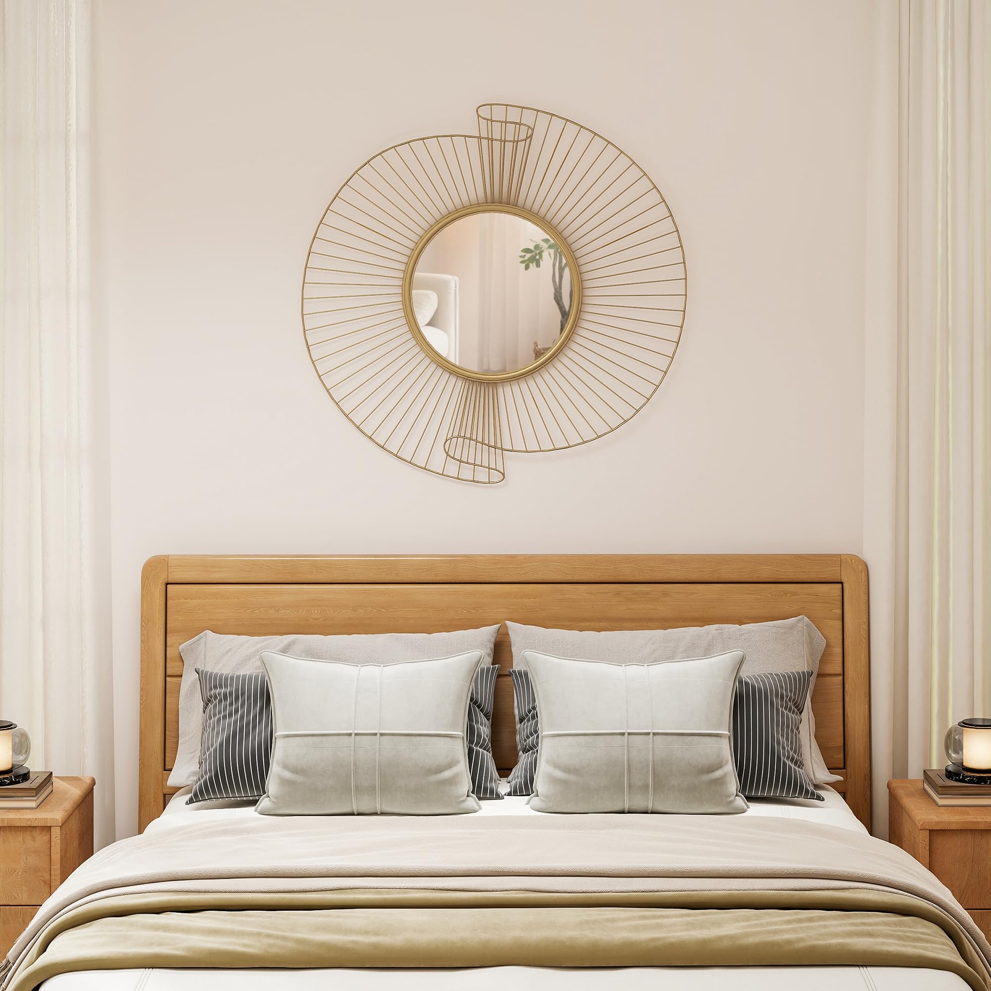 HOMCOM Decorazione Murale Specchio da Parete Rotondo, Specchiera Moderna con Strisce in Metallo e Design Plissettato, Wall Art per Soggiorno, Camera e Ingresso, 60x60 cm, Oro