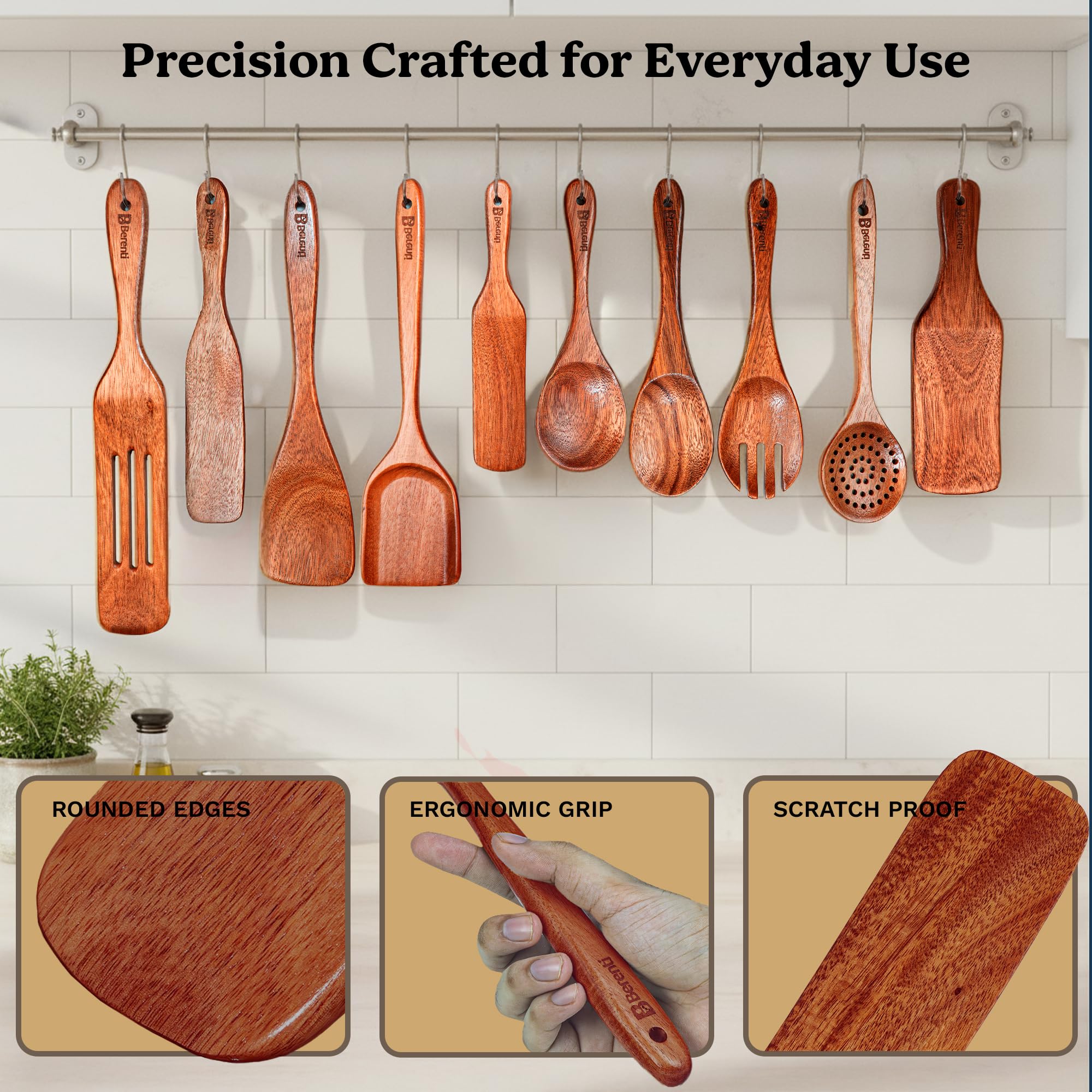 Juego de utensilios de cocina de madera: 10 cucharas de madera diferentes, espátulas de madera y espuelas de madera para cocinar en utensilios de cocina antiadherentes
