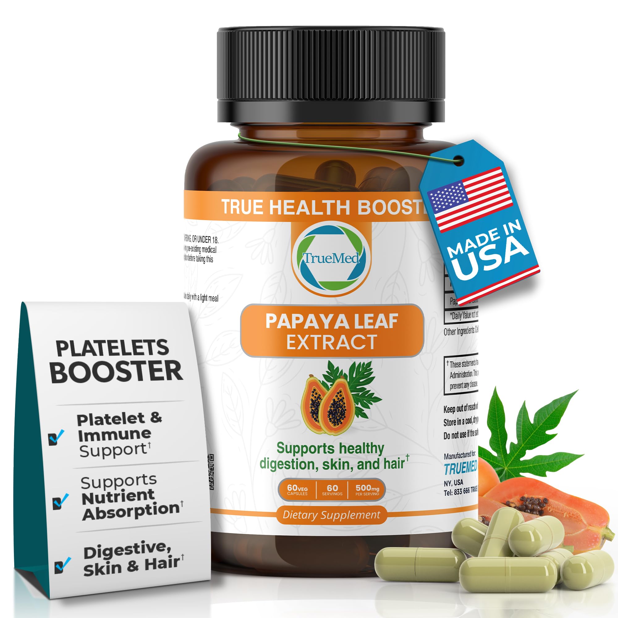 Papaya Leaf Extract 500 mg for Hair, Skin with 4X Extra Strength Support Blood Platelet with 60 Capsules for 60 Days Supports Digestive Health & Natural Antioxidant