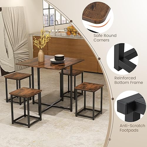 Miniatura 4 de Tangkula Juego de mesa de comedor compacto para 4, juego de mesa de cocina pequeña con taburetes cuadrados y marco de metal, perfecto para espacios