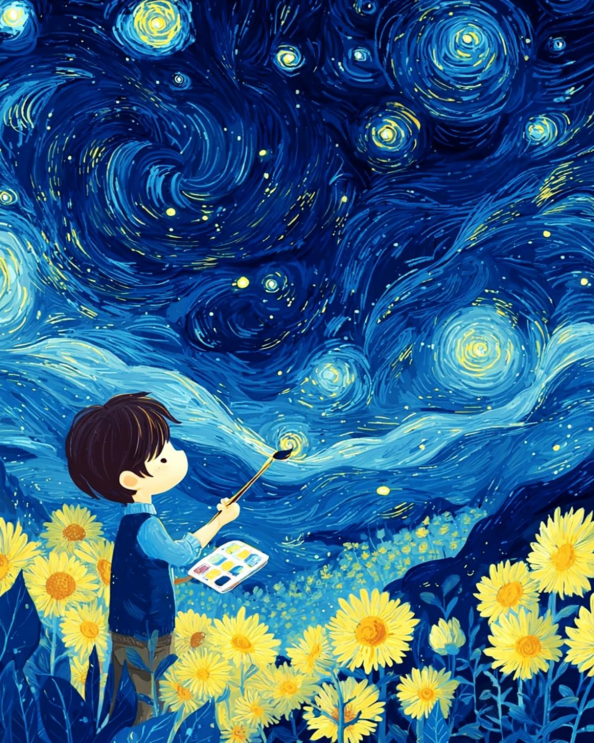 Liubaishi Blue, Yellow, Black Paint By Numbers For Adults, Dreaming Of Starry Night, 40X50 Cm Acrylic Canvas Kit With 3 Brushes