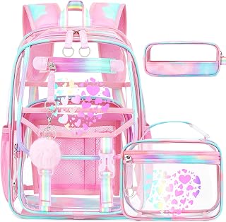 FIXITOK Girls Clear Backpack with Lunch Bag Pencil Pouch Cute Clear Bookbag