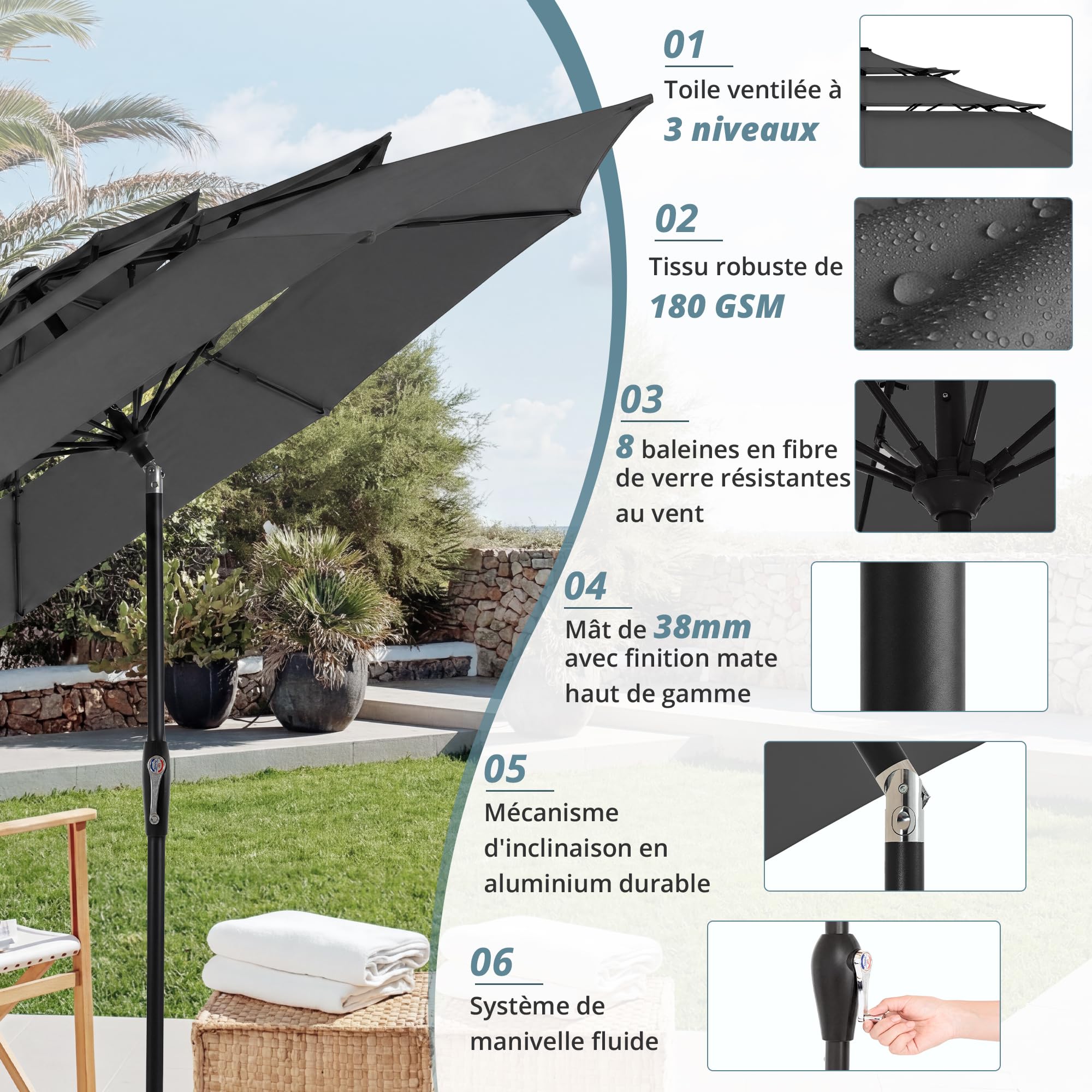 LUE BONA 3 Niveaux Parasol de Jardin 300cm-Parasol Inclinable 8 Baleines en Fibre de Verre,Protection UV 50+ pour Jardin Terrasse Patio Piscine Plage Balcon,Gris Anthracite