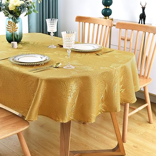 Miniatura 1 de Wolkemer Mantel de jacquard ovalado, diseño floral dorado con hojas de damasco, mantel de tela brillante brillante para cena y cocina, 60 x 84
