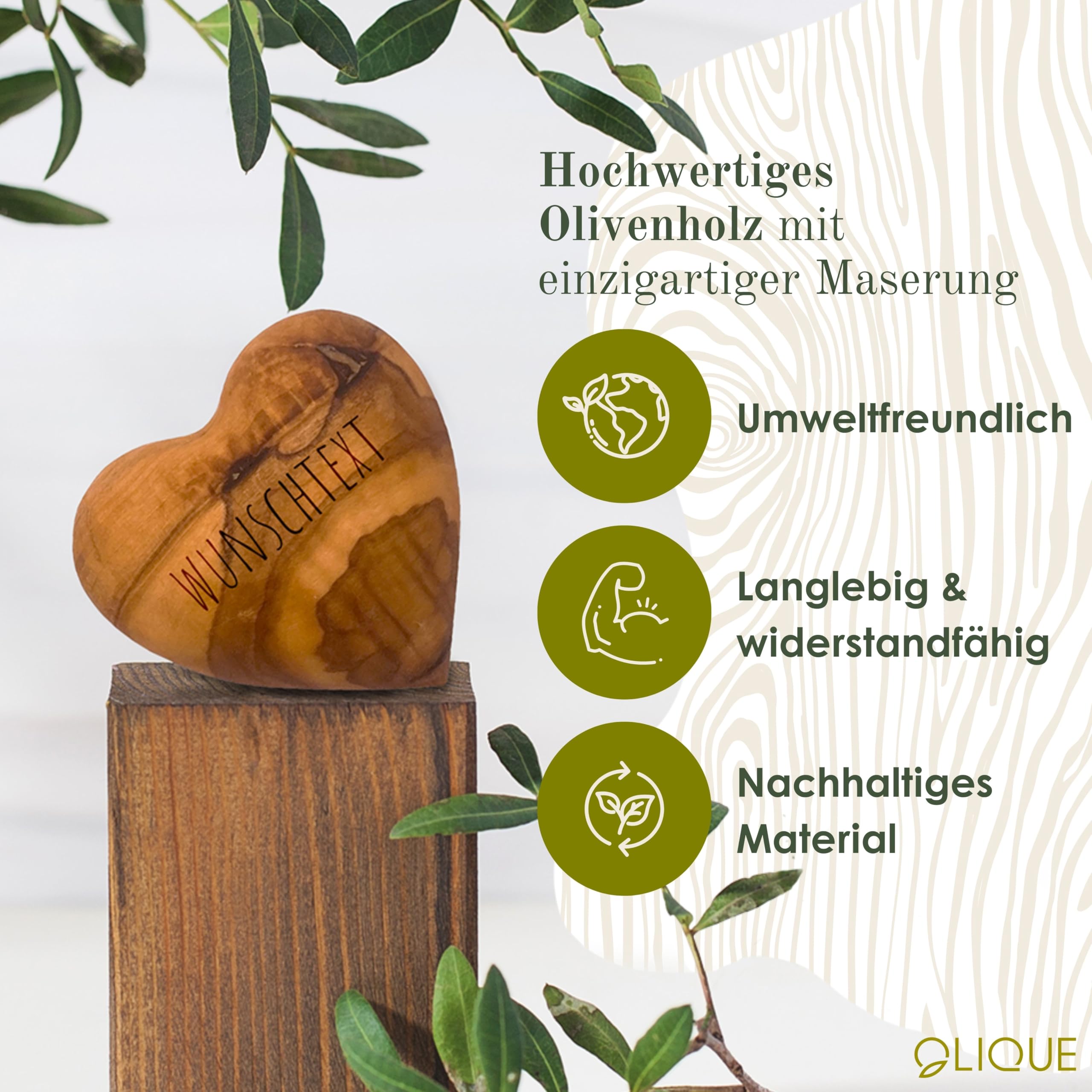 Cœur en bois d'olivier - Bijou artisanal fait main, idéal comme cadeau pour la naissance, le baptême, la communion et la confirmation (Avec gravure)