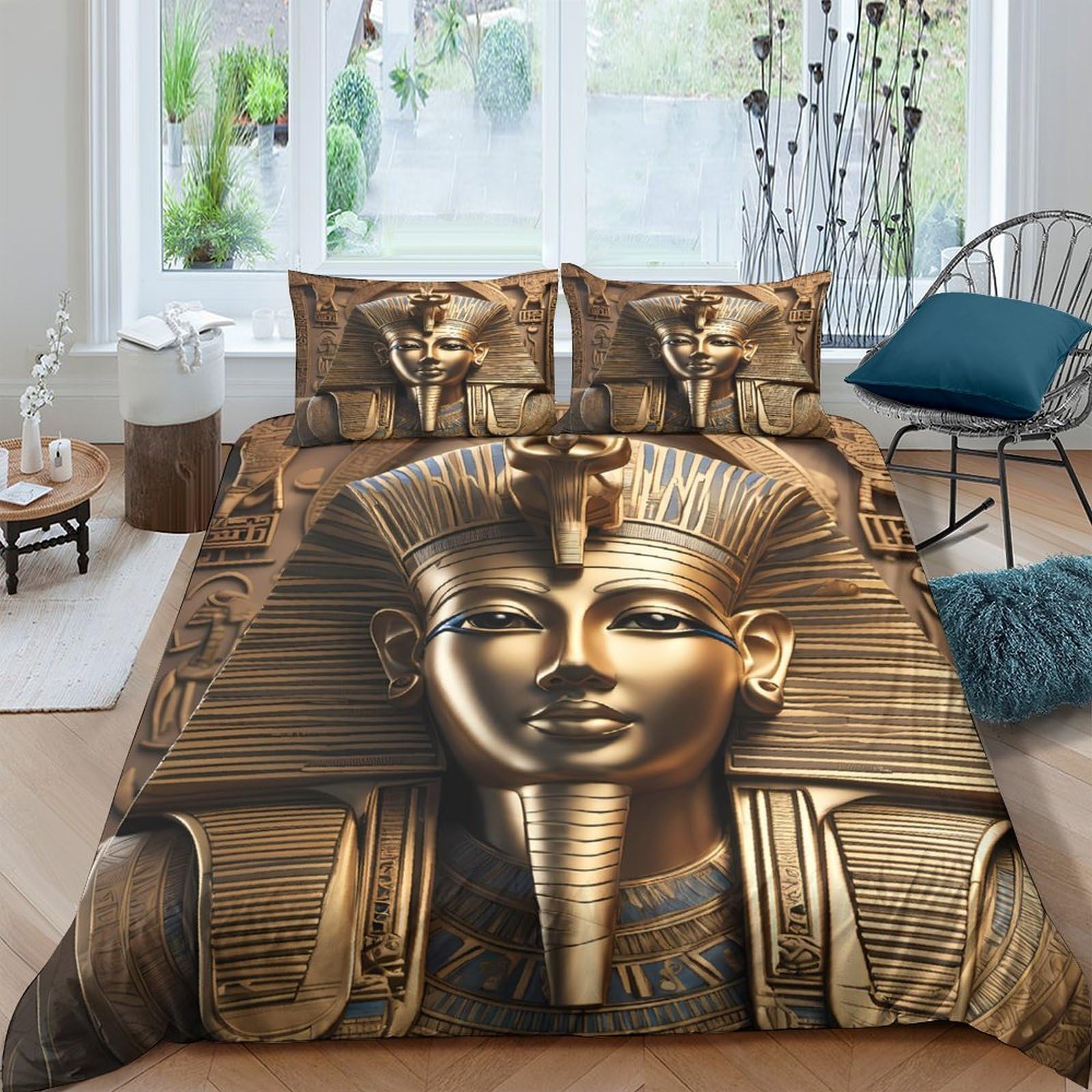 Ctjqhvkz Style-4 3D Printed Egyptian Pharaoh Fitted Sheet Microfiber Gold Antique Art Mattress Cover For Bedroom Guest Room Decor Single（135X200cm）