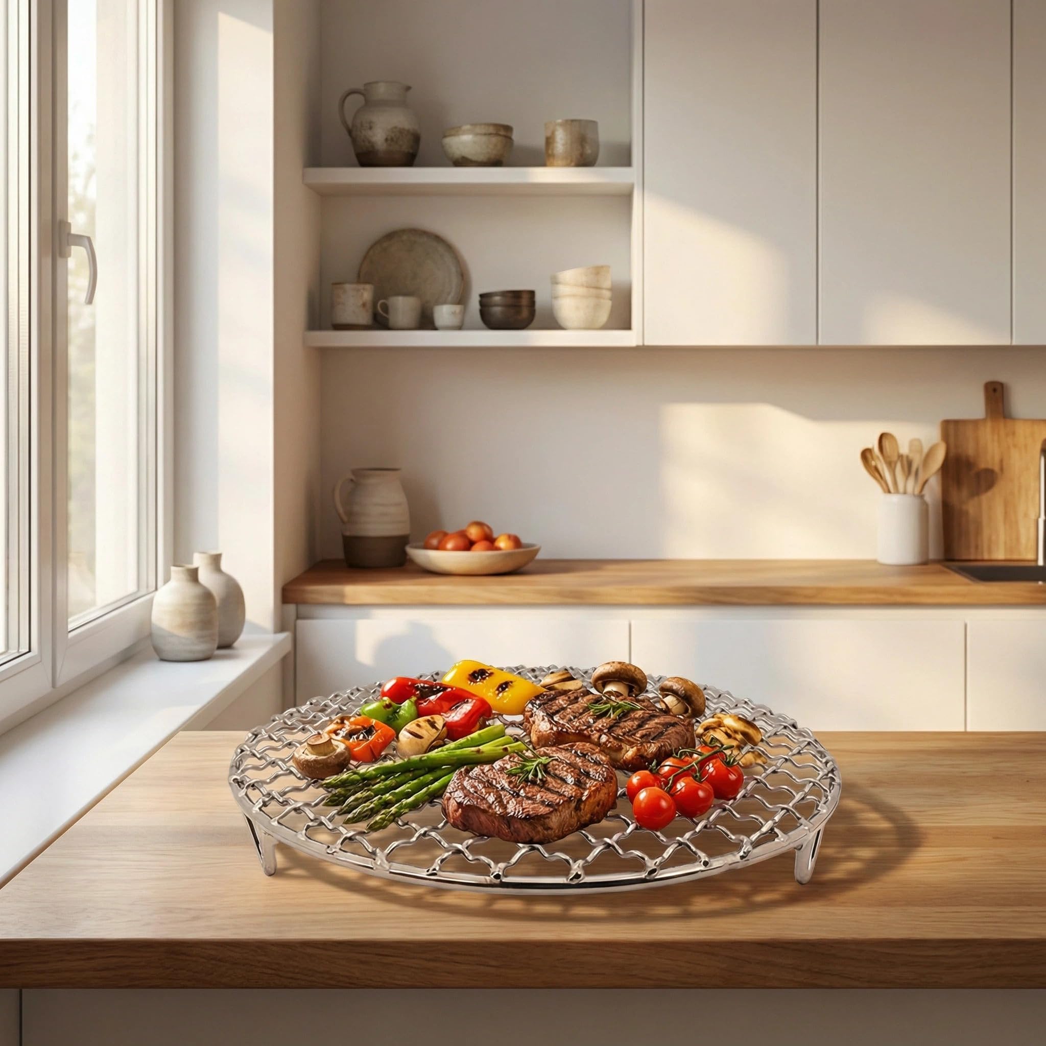 2 estantes redondos de acero inoxidable de 24 cm, para horno, freidora de aire, parrilla, parrilla, parrilla, secado y vapor, versátiles accesorios de refrigeración para pasteles y pastelería