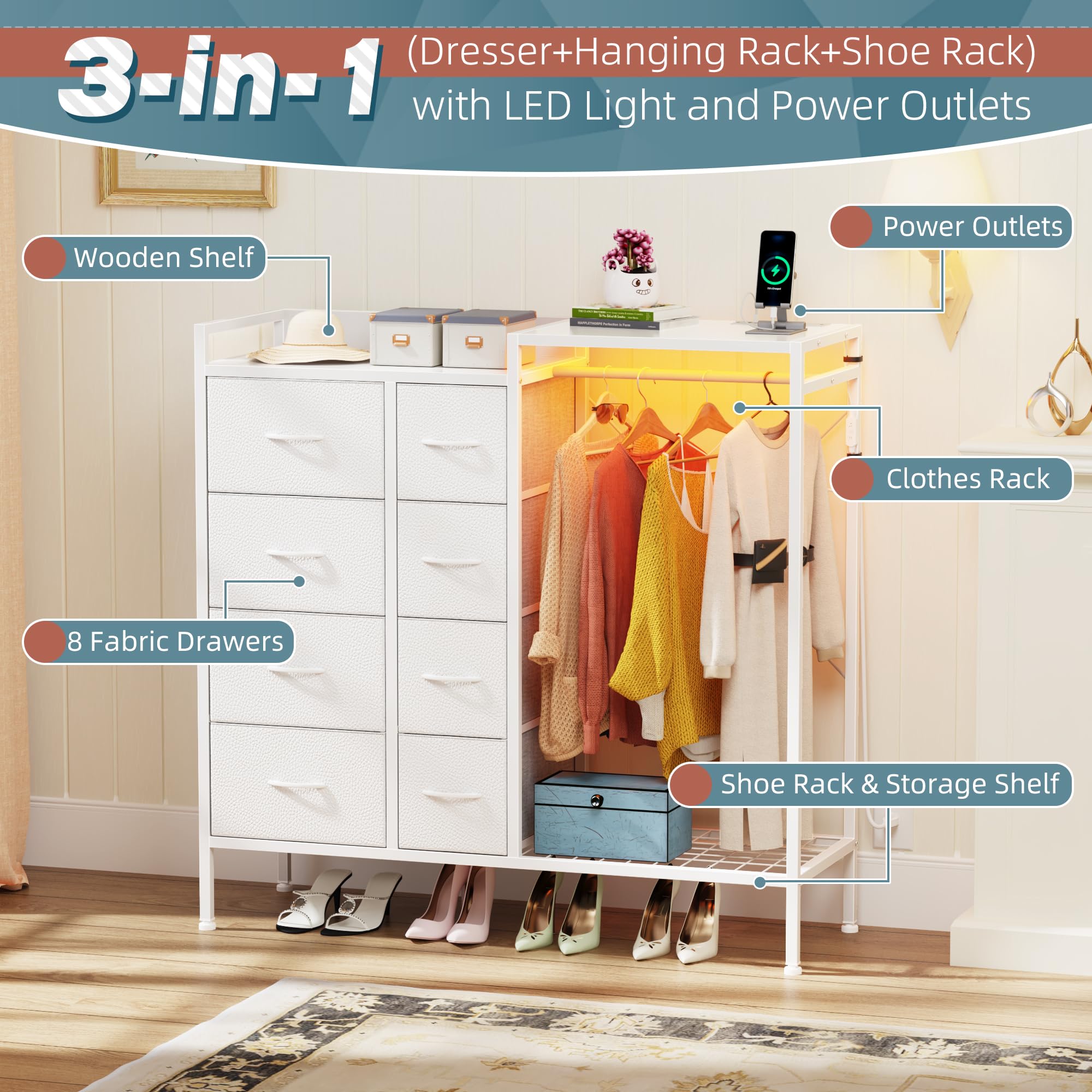 Cómoda de 8 cajones con estante para colgar, cómoda con estación de carga y luces LED, cómoda para niños con zapatero para almacenamiento de ropa, cómoda con parte superior de madera para 2