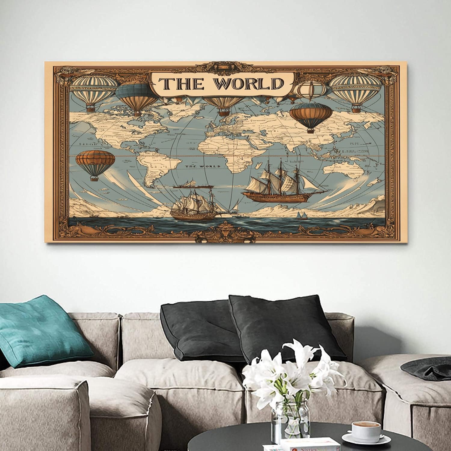 ZORYAN Navigation World Map Frameless Large Canvas Wall Art Brown Canvas Print Poster for Living Room Wall Art Decor, Pictures for Home Office Restaurant, 80x160cm