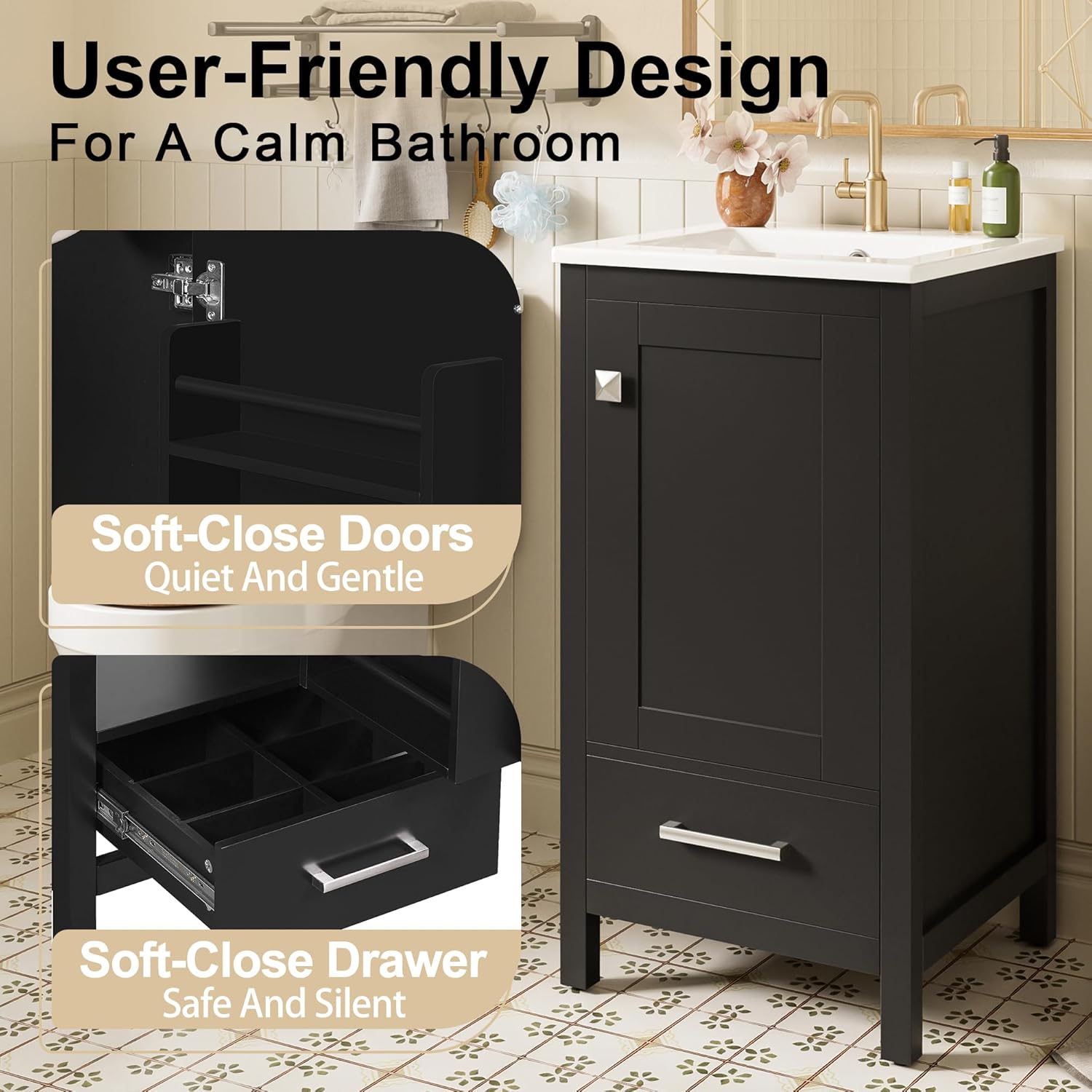 Harper & Bright Designs 18" Bathroom Vanity with Sink, Free Standing Single Vanity Set with One Divider Drawer, and Door Storage Shelf, Wooden Storage Cabinet with Ceramic Basin for Bathroom, Black