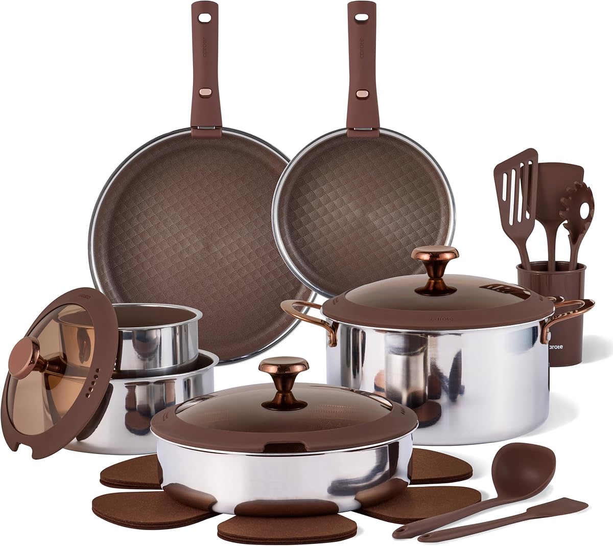 CAROTE 22PCS Stainless Steel Cookware Set with Detachable Handle, Ceramic Hybrid Nonstick Pots and Pans Set, Titanium Cookware, Stackable Kitchen Cookware Set, Induction Safe, Oven Safe, Brown