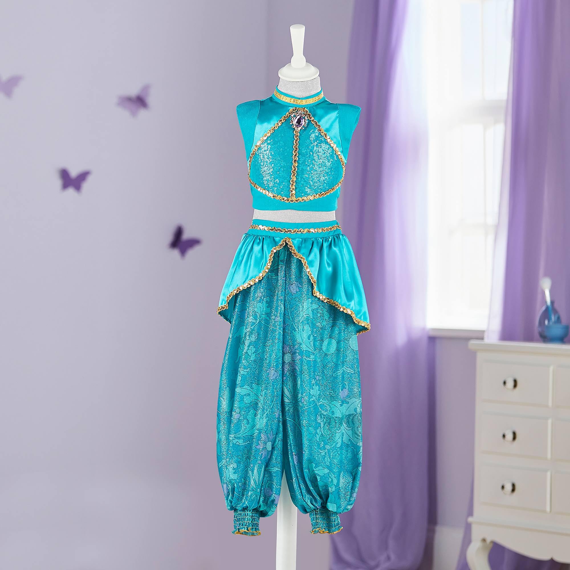 Disney Store Official Princess Jasmine Costume for Kids Aladdin, Turquoise Trousers and Top Set for Parties Roleplay & Halloween