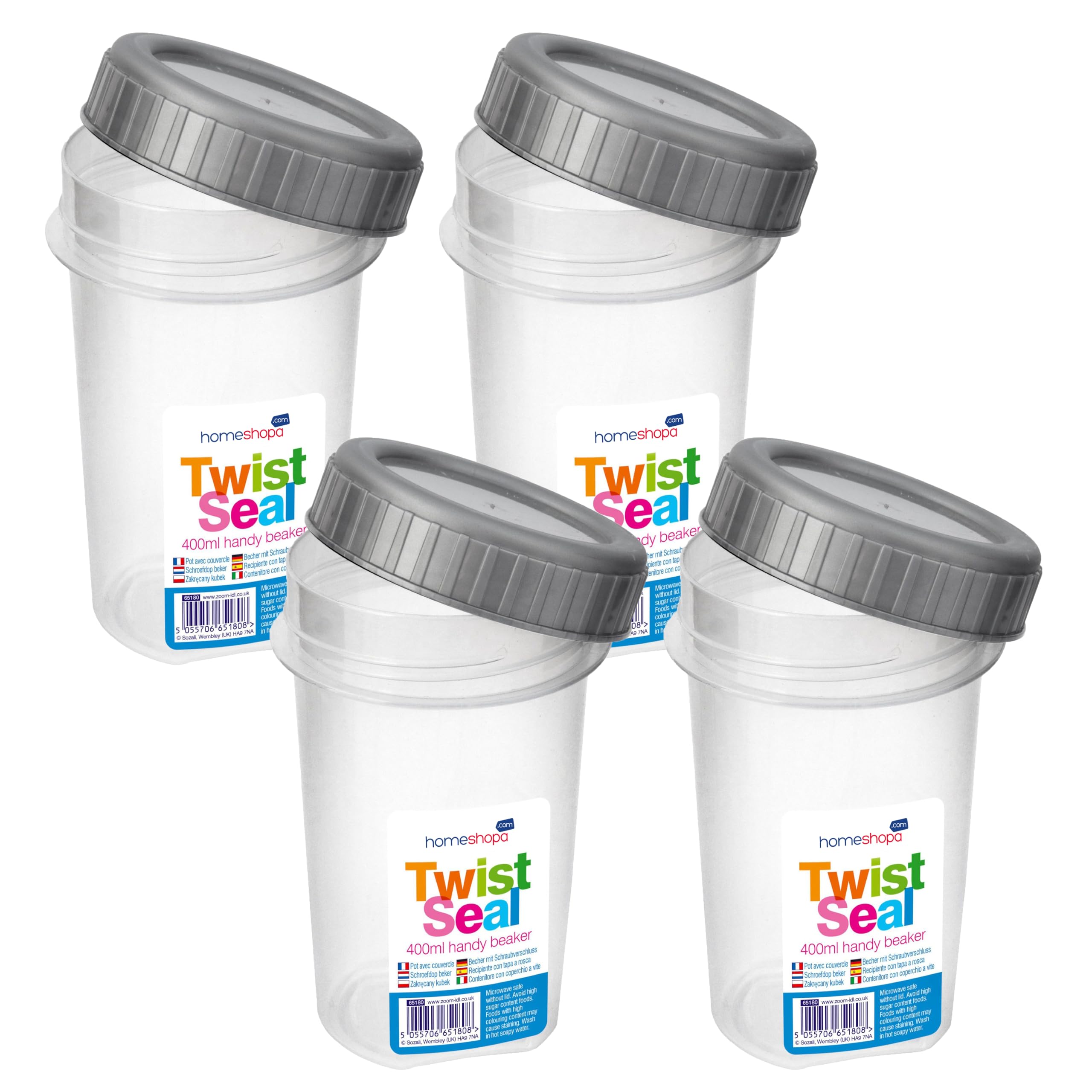 Homeshopa.com Clear Homeshopa Plastic Screw Top Beaker Cups, 4 Pack Airtight Liquid Storage Reusable Leakproof Containers With Twist Lock Lid, 400Ml Freezer Microwave Dishwasher Safe