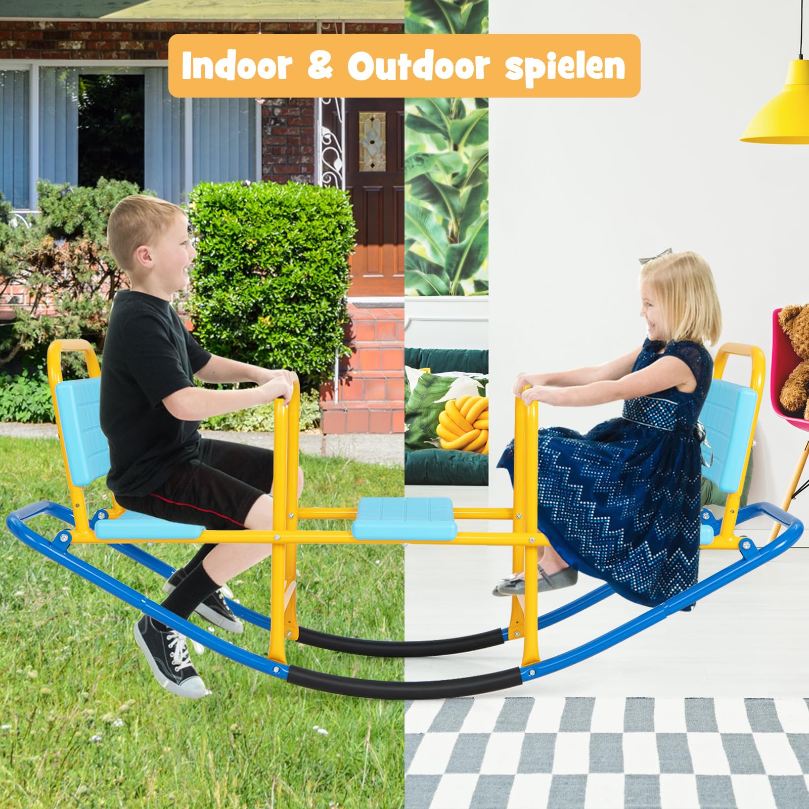 DREAMADE 3 Sitzer Kinder Wippe mit Rückenlehnen und Griffe, Schaukelwippe Metall 136x60x39cm, Karusselwippe Gartenwippe für Indoor und Outdoor, für Kinder 3-8 Jahren (Blau)