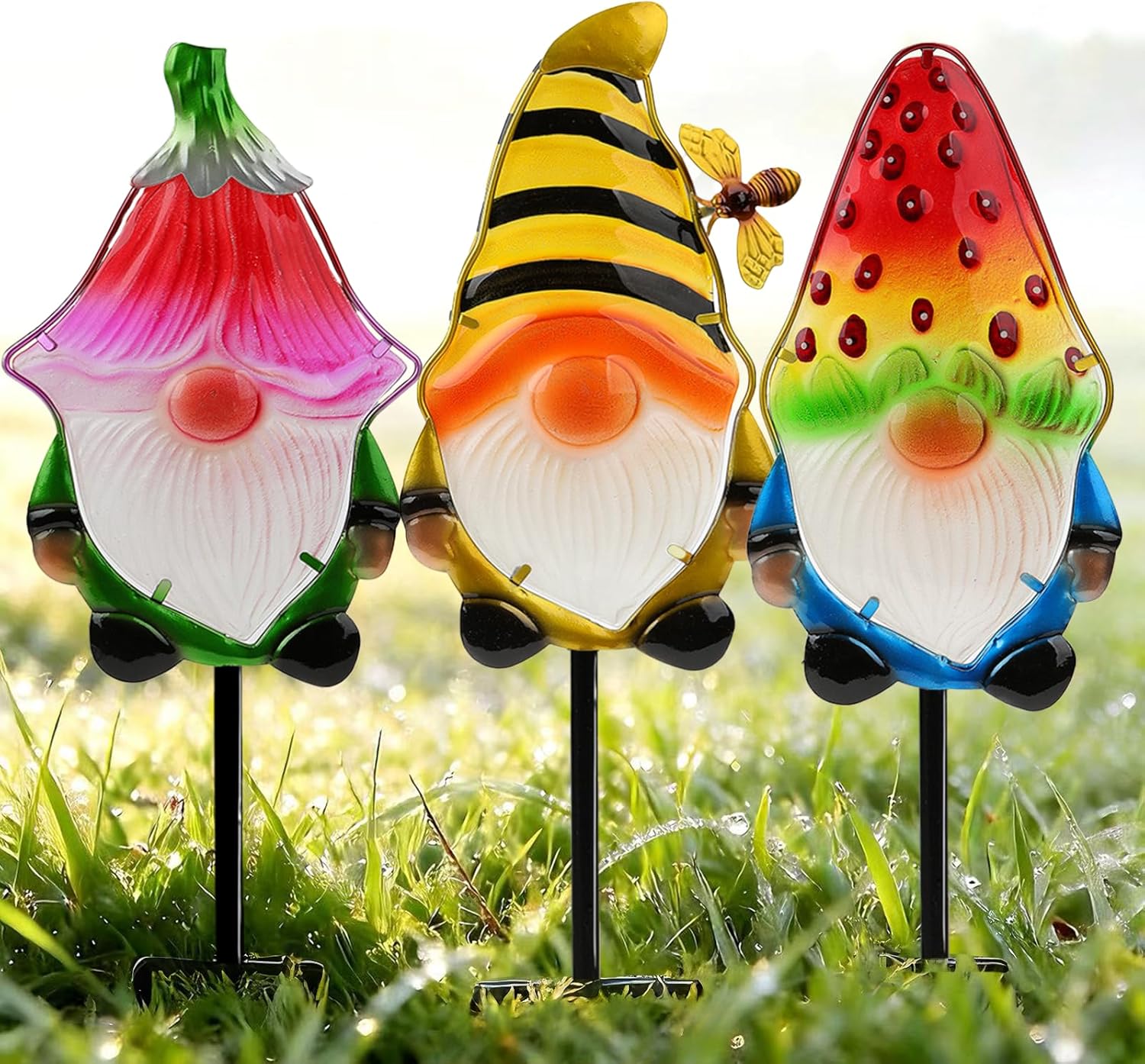 LEGIFO Garden Decor Gnomes Stakes Set of 3, Metal & Glass 18.3″, Outdoor Gnome Stake for Backyard Lawn Decor, Funny Yard Art Decorations for Mom Grandma Women Mother’s Day