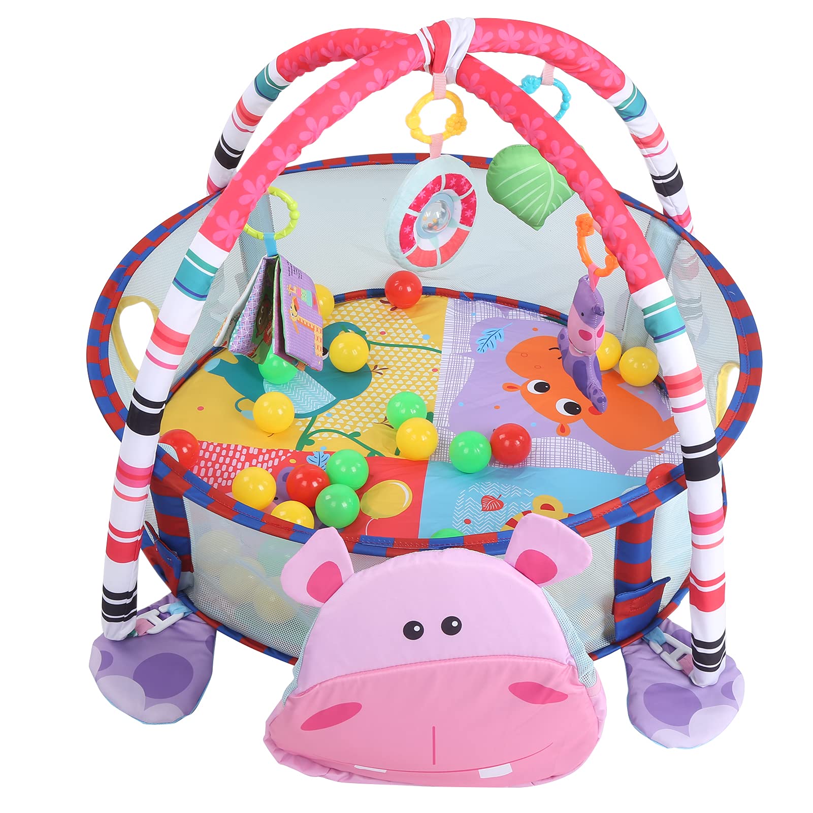 Tappetino da Gioco per Bambini 3 in 1, Struttura Fitness per Palestra, Colore Brillante, per Neonati e Bambini Piccoli, in Tessuto, 95 X 70 X 50 cm. (Ippopotamo Rosa)