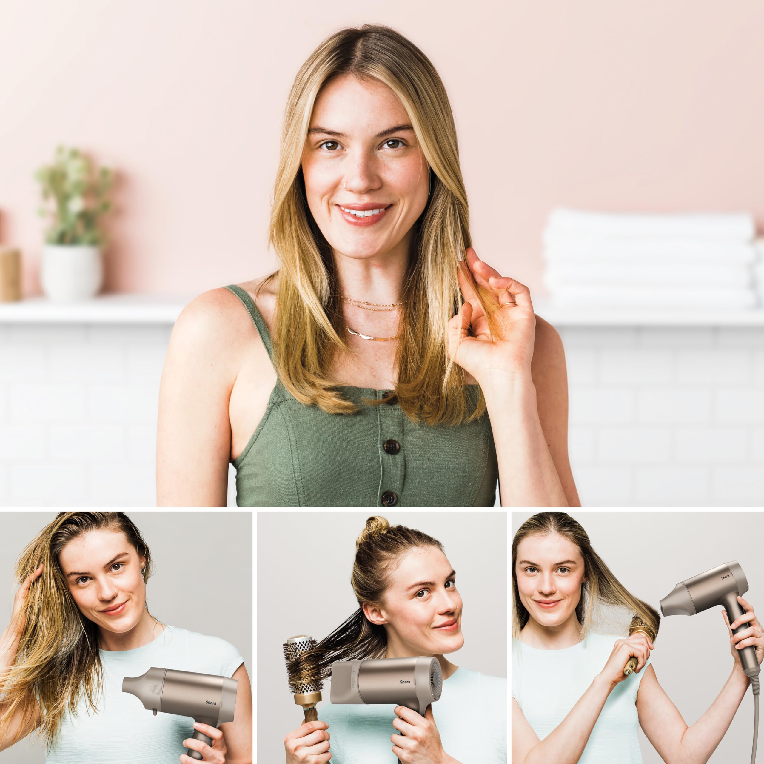 Shark STYLE iQ Sèche-cheveux et styler 3-en-1, brosse de style, concentrateur, diffuseur de boucles, ionique, séchage rapide, sans dommage thermique, diffuseur d'air froid, couleur champagne HD120SLEU