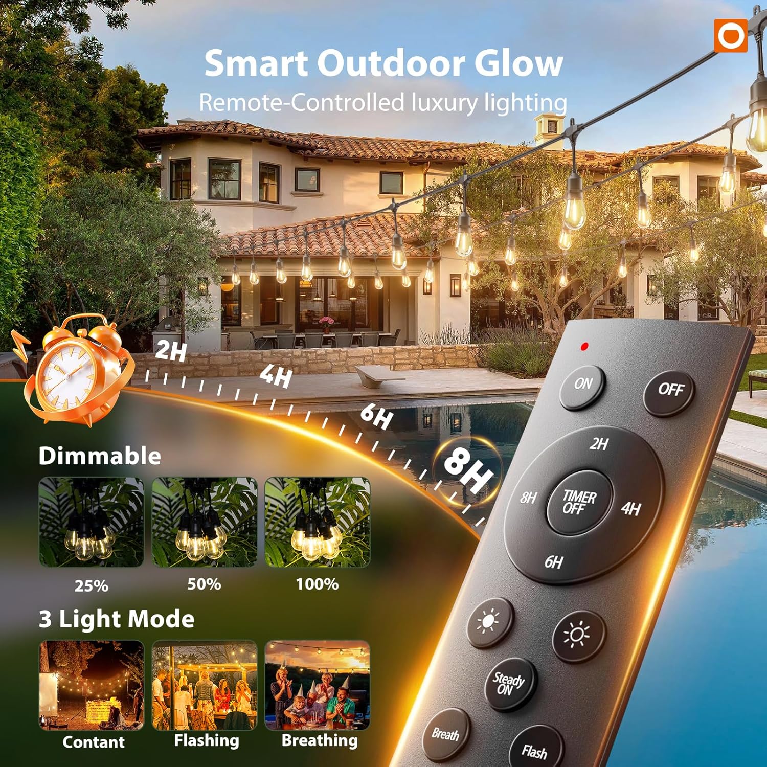 addlon 100FT LED Hanging Outdoor String Lights with Replacement Adapter and Remote