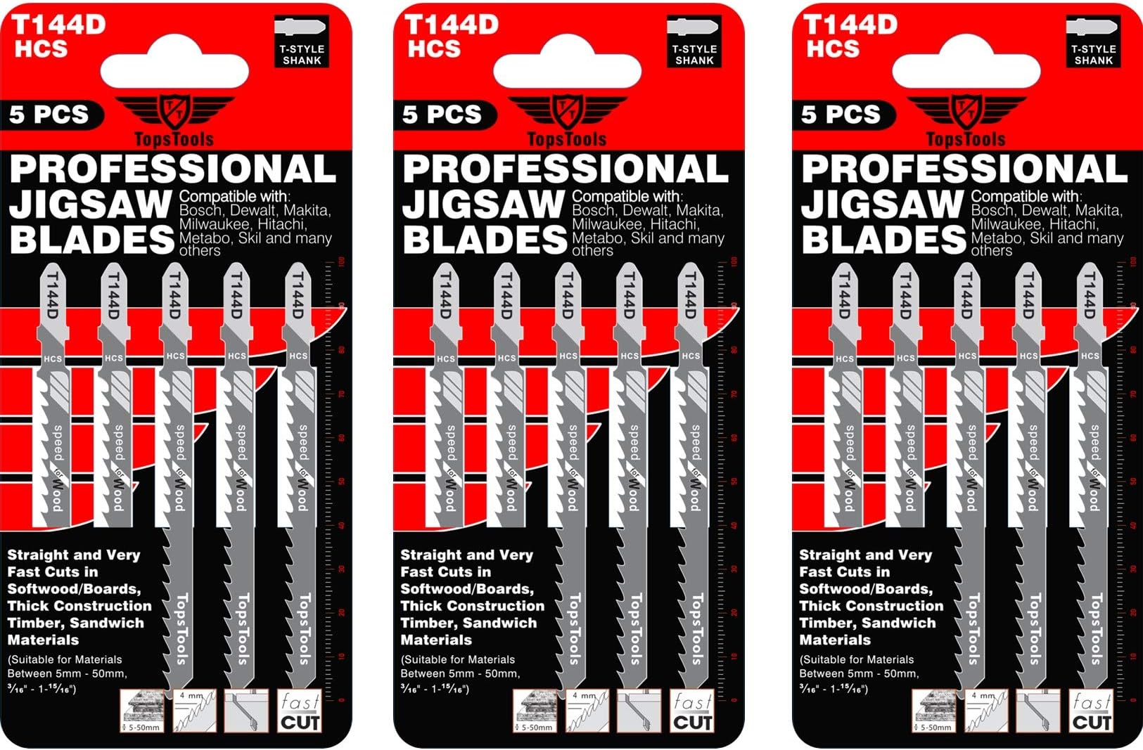 15 x TopsTools T144D 100mm Jigsaw Blades Designed for Straight and Fast Cuts in Wood