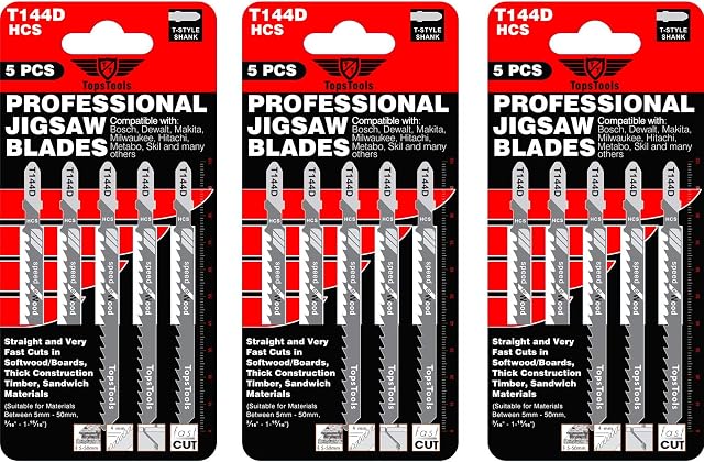 15 x TopsTools T144D Straight and Fast Cuts Jigsaw Blades Compatible with Bosch, Dewalt, Makita, Milwaukee and many more