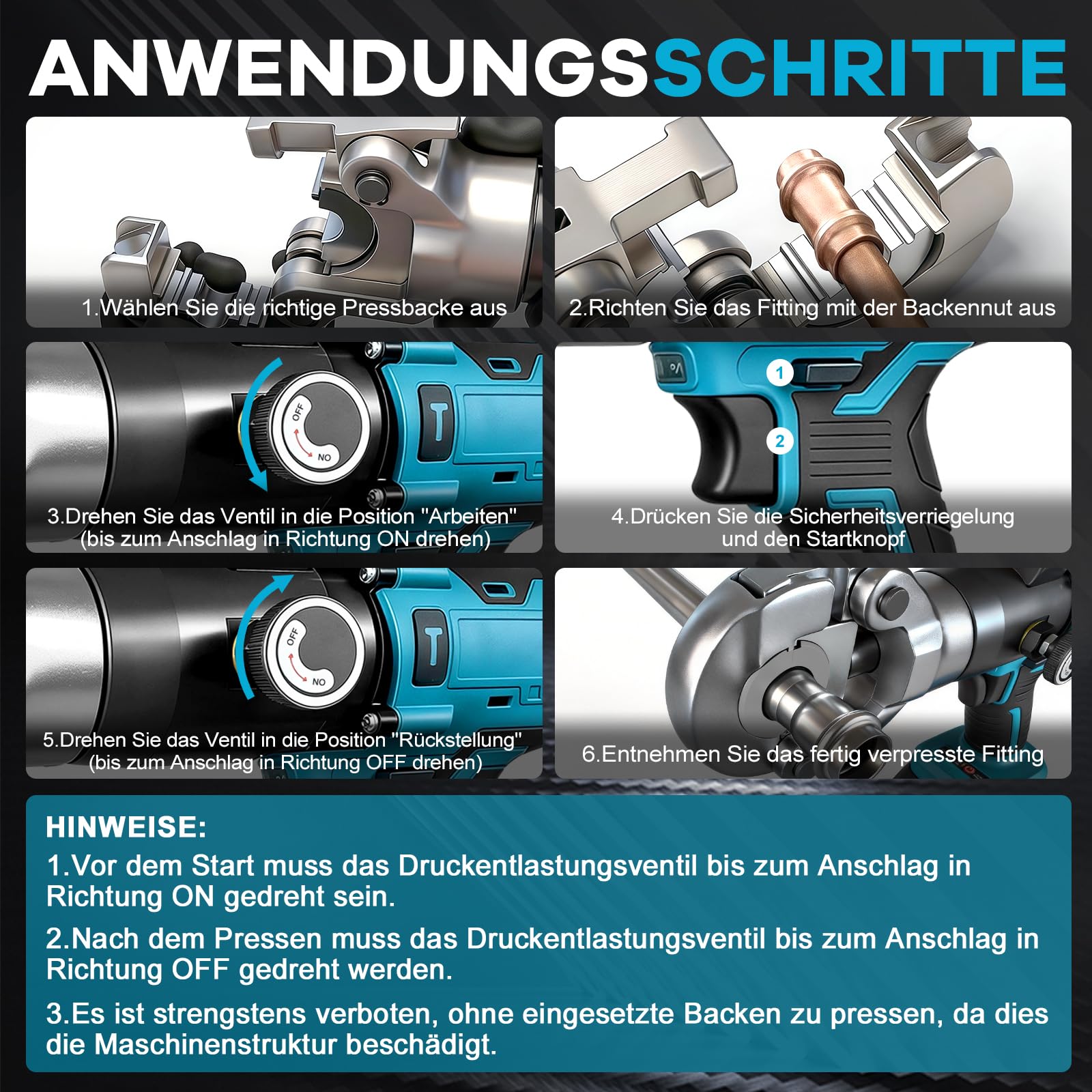 Akku Presszangen Kompatibel mit Makita 18V für Kupferrohr, Edelstahlrohr und PEX Verbundrohr, Backeneinsätze für Zylindrische Hydraulikspannzangen der Typen V/U/TH/M (nicht im Lieferumfang enthalten)