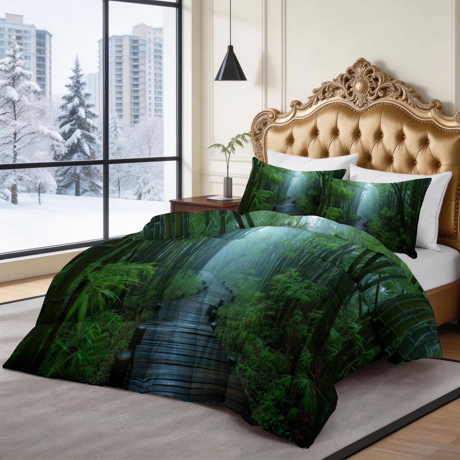 Zimowa kołdra puchowa 140 x 200 cm naturalny krajobraz bambusowy las kołdra puchowa 400 g/m², ciepła i elegancka, antyalergiczna i oddychająca pościel 3-częściowy zestaw, zielony