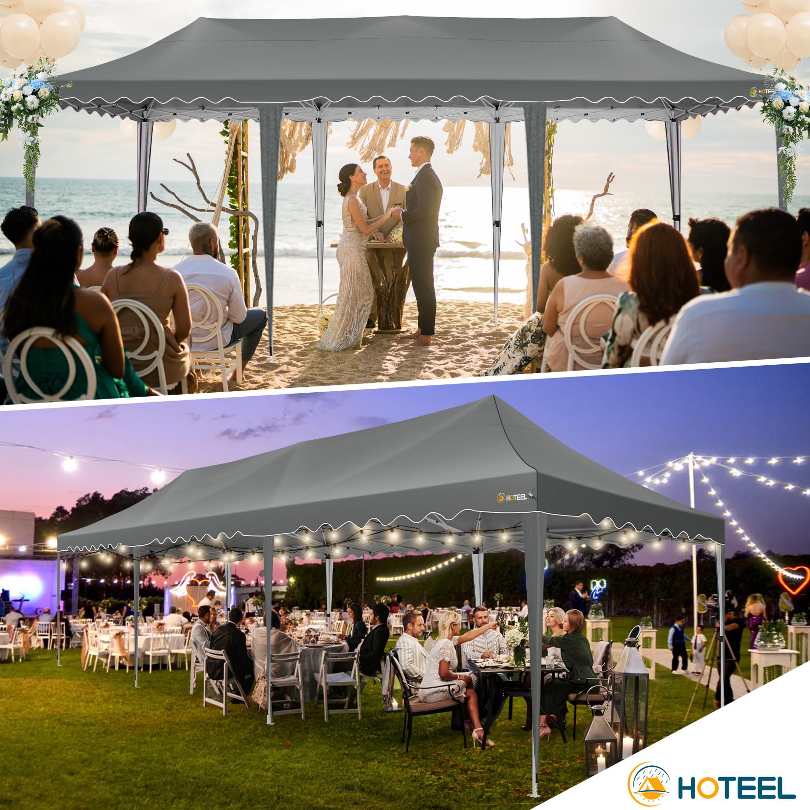 HOTEEL 10x30 Pop Up Canopy with 8 Sidewalls, Easy Setup Party Tent with Weight Bags, Wheeled Bag, Waterproof Event Shelter with Extra Roof Height for Backyard, Wedding (Green Gray) INCLUDES TWO BOXES