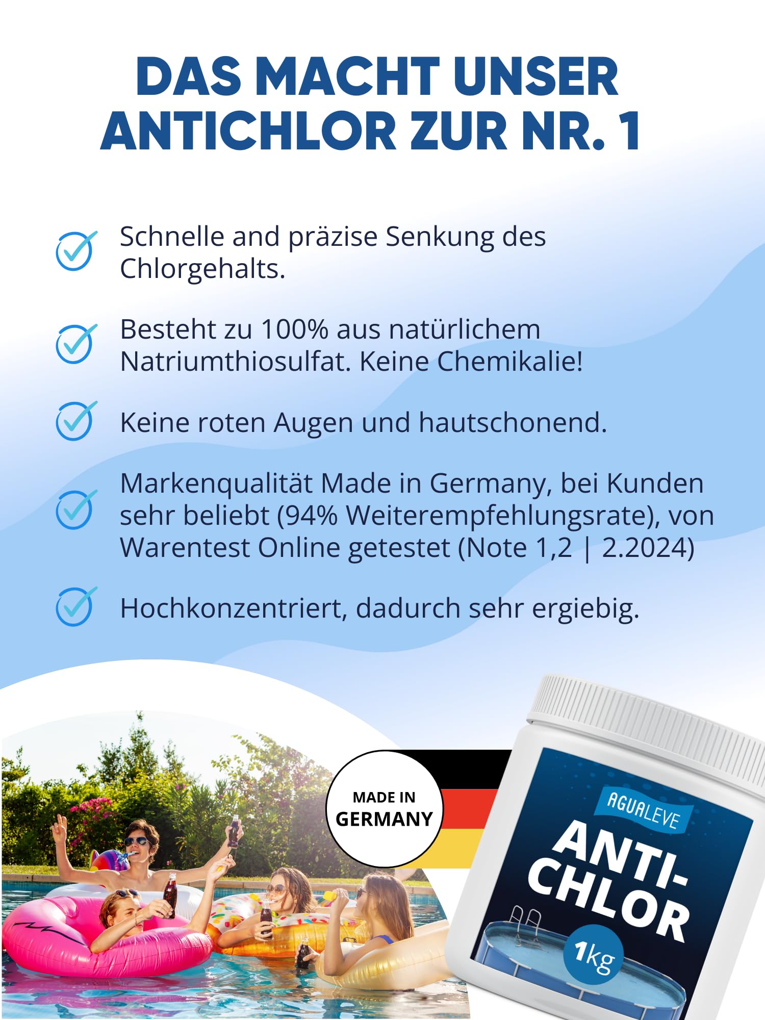 AGUALEVE® Antichlor 1kg | Reduziert BZW. eliminiert Chlor präzise und schnell | für Pools, Aufstellpools, Whirlpools jeder Art und Größe | Markenqualität Made in Germany | mit Note 1,2 getestet