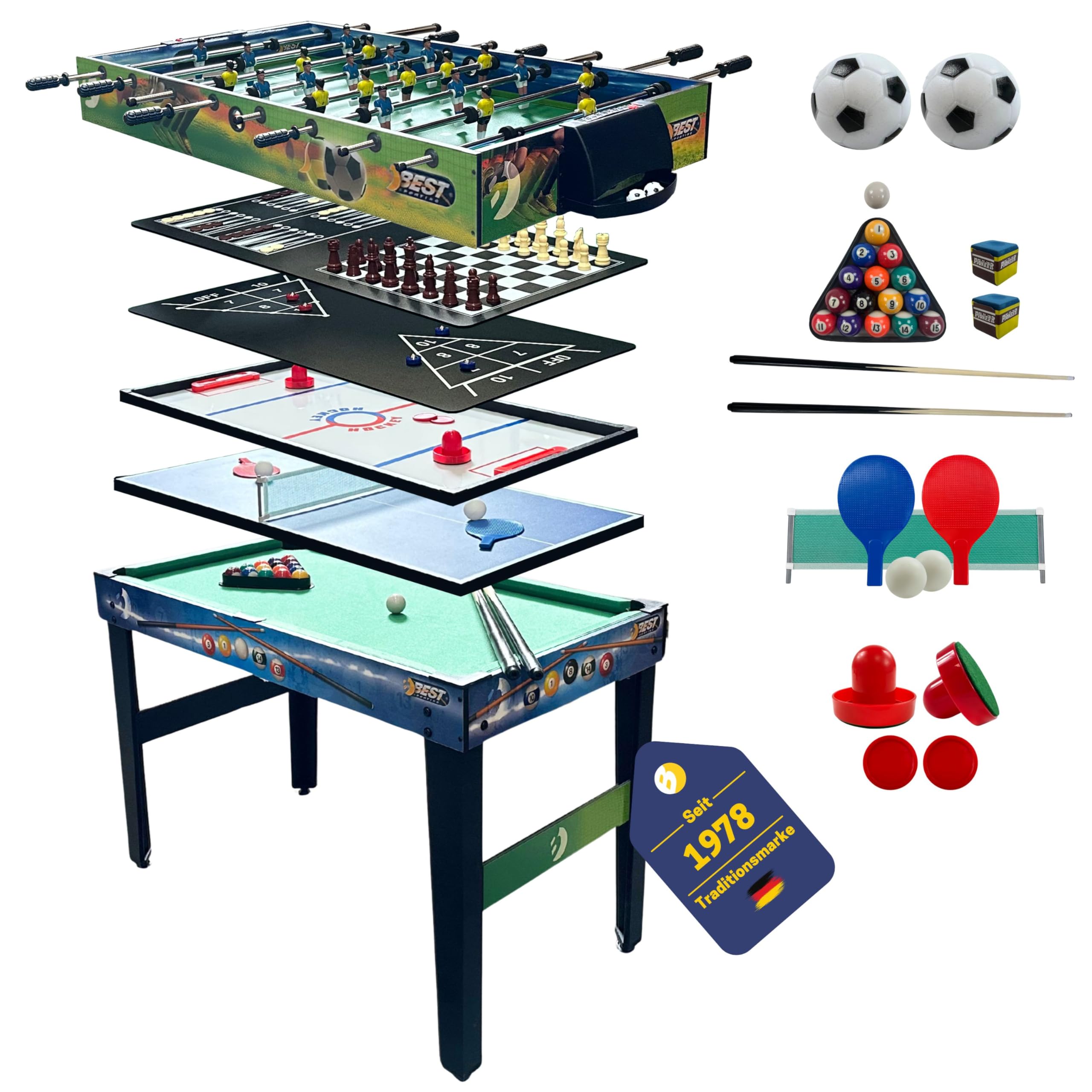 Best Sporting 10 in 1 Tischkicker, Spieltisch, Multifunktionstisch für Kinder & Erwachsene - inkl. Air Hockey, Tischtennis, Billardtisch, Tischfußball, Shuffleboard, Schach & Zubehör