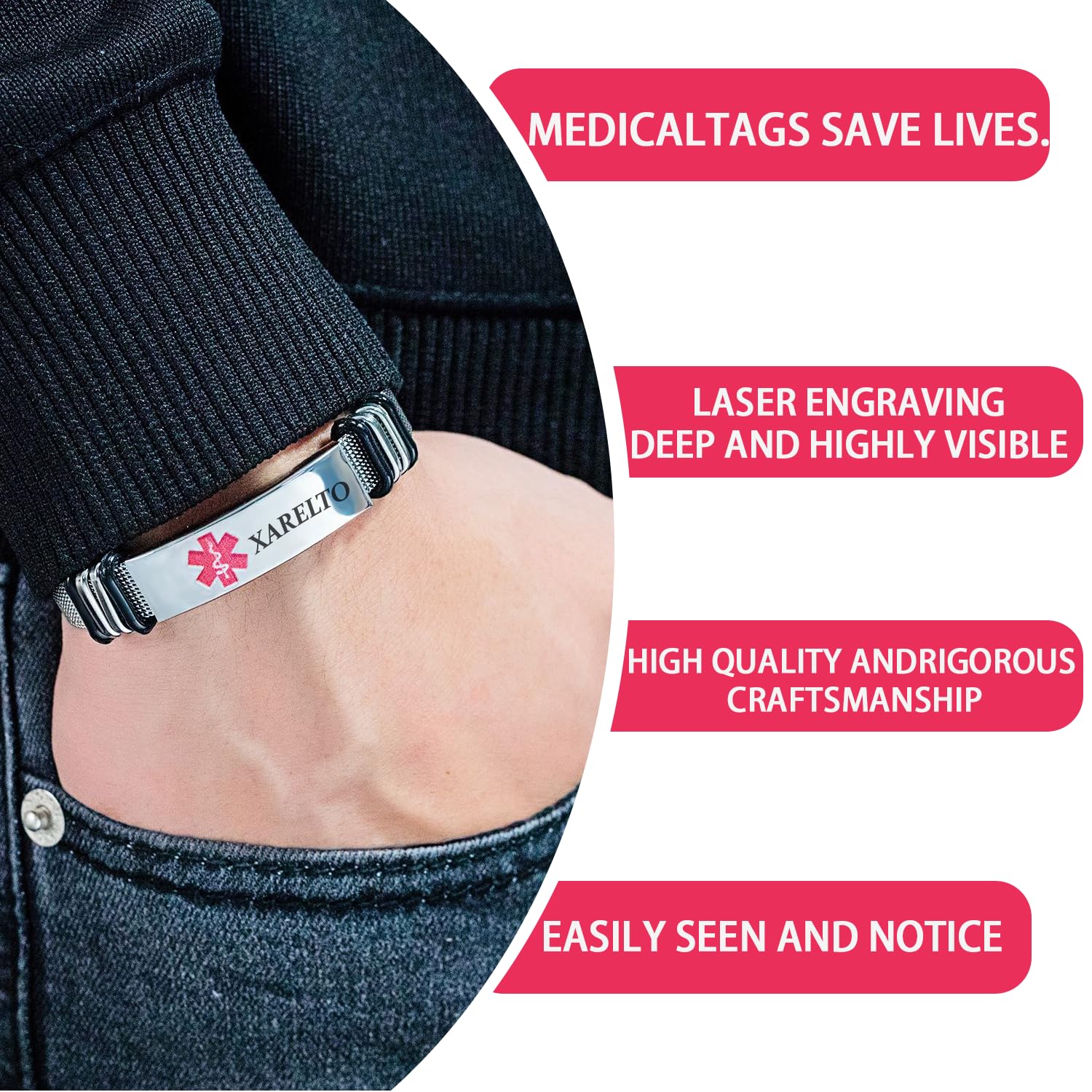 Bracelet d'alerte médicale pour homme et femme en acier inoxydable avec gravure laser gratuite