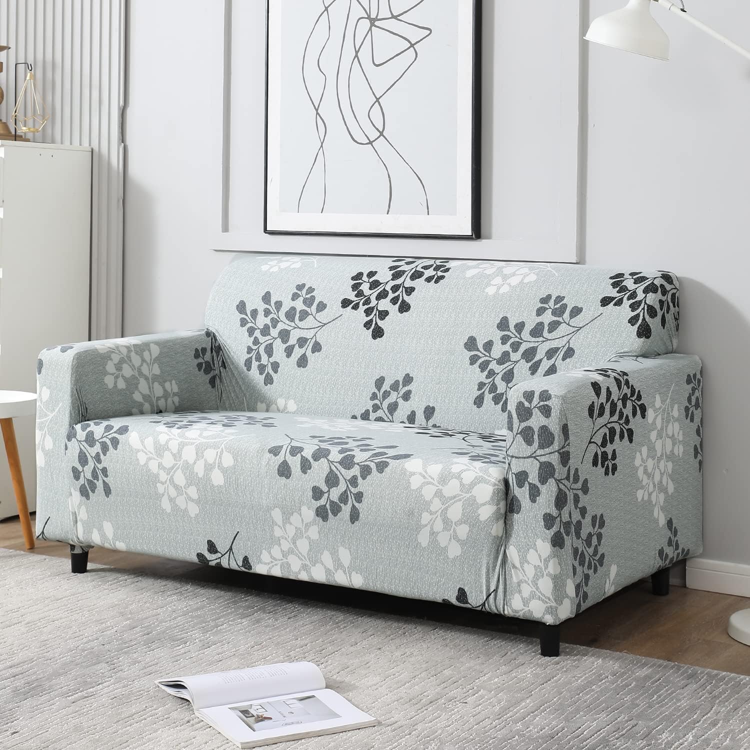 HOKIPO Sofa Cover 2 Seater Fully Covered, Grey Leaves
