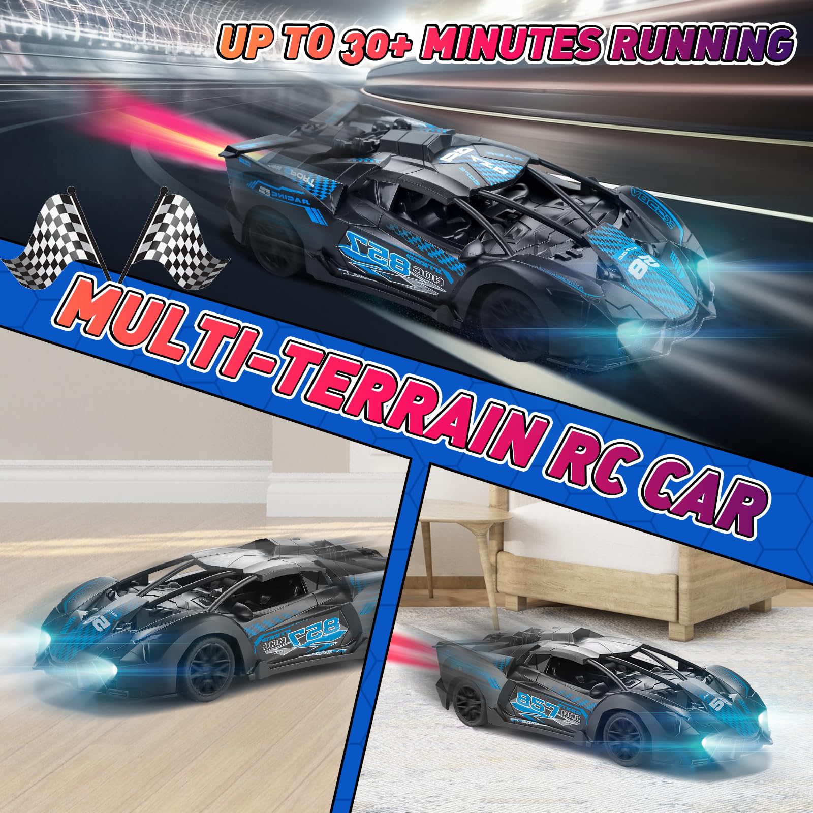 Lambarchini Macchina Telecomandata per Bambini 3-12 anni Modellino RC Car, 1:18 Auto Telecomandata Bambino con Spray, Batteria Ricaricabile, Luce LED, Natale Compleanno Regalo per Ragazzi, Blu