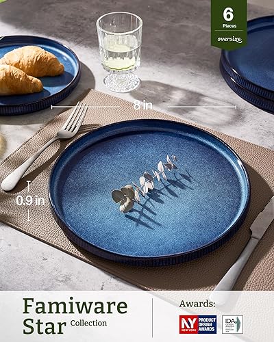 Miniatura 3 de famiware Platos de ensalada para 6, 8 pulgadas, juego de platos de cerámica, platos pequeños para postre, ensalada, aperitivo, nebulosas azul