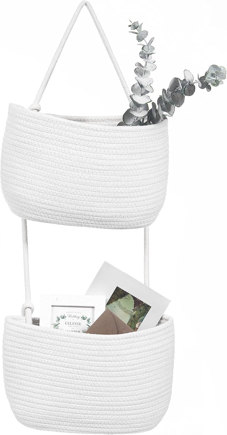 Over The Door Hanging Basket, 2 Tier Cotton Rope Woven