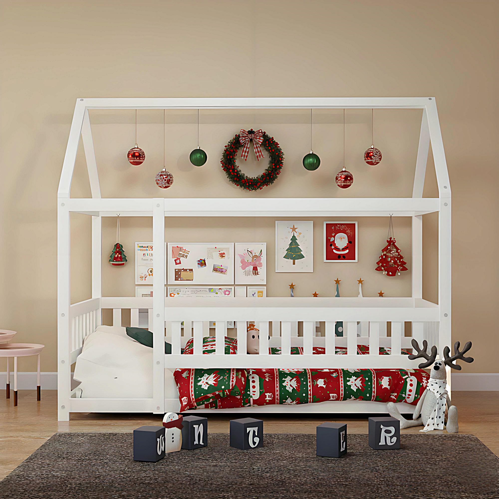 WhiteTwin House Floor Bed, Montessori Bed Frame with Secure High Fence, Multifunctional Cozy Nook for Play & Sleep, No Weight Limit, Easy Setup