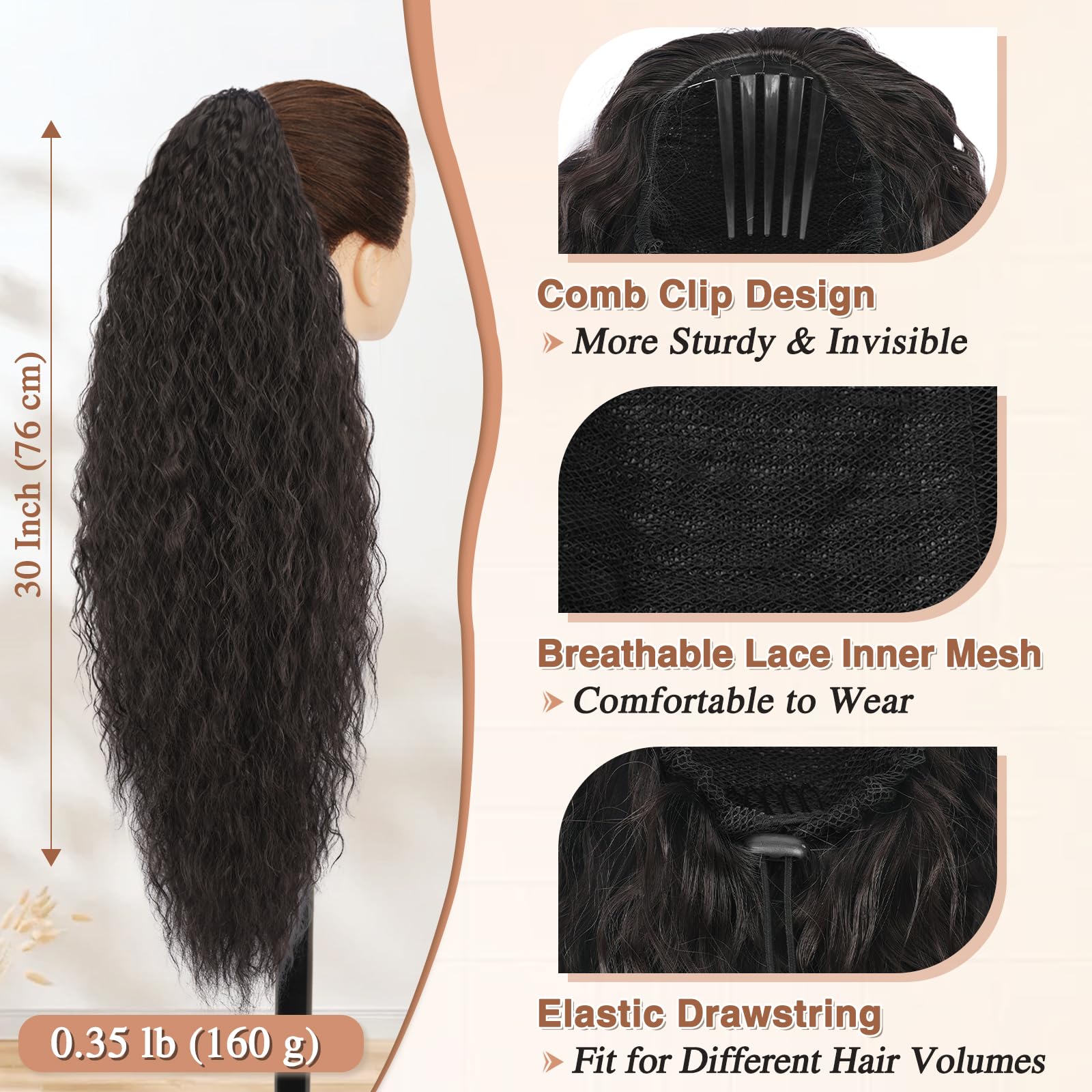 BARSDAR 30 Inch Long Curly Wavy Drawstring Ponytail Extension, Synthetic Comb Clip in Ponytail Hairpiece for Women Voluminous Dark Chocolate Brown Ponytail Hair Extensions Fake Ponytail Hairpieces - Image 2