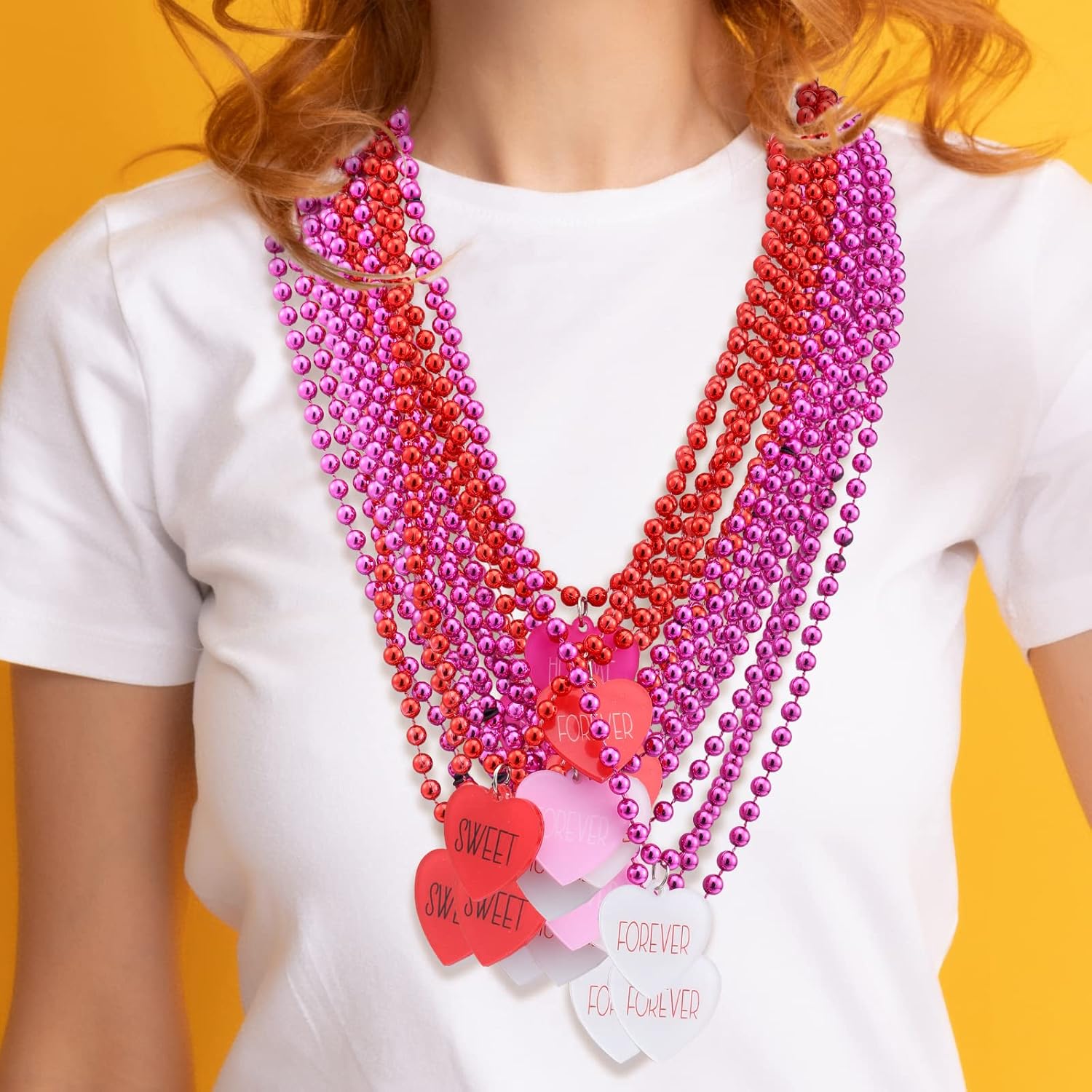 Ecally 24 Pcs Valentines Day Party Heart Shaped Beads Necklaces Pedant Red Pink Bead Necklace for Valentines Day Accessories Party Decorations