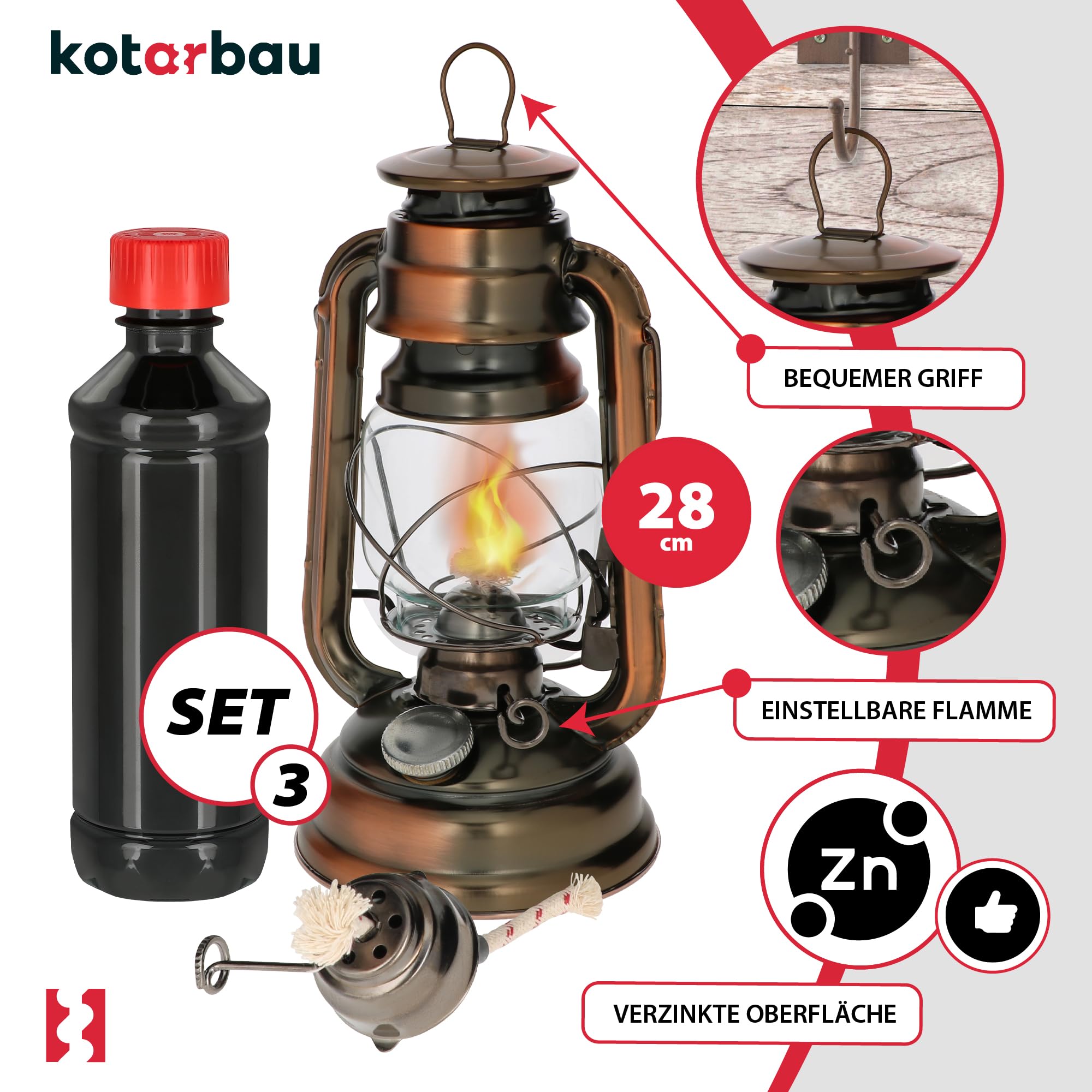 KOTARBAU Lampe à huile avec support pour mèche de pétrole rechargeable avec mais lampe tempête et lampe de table en bronze