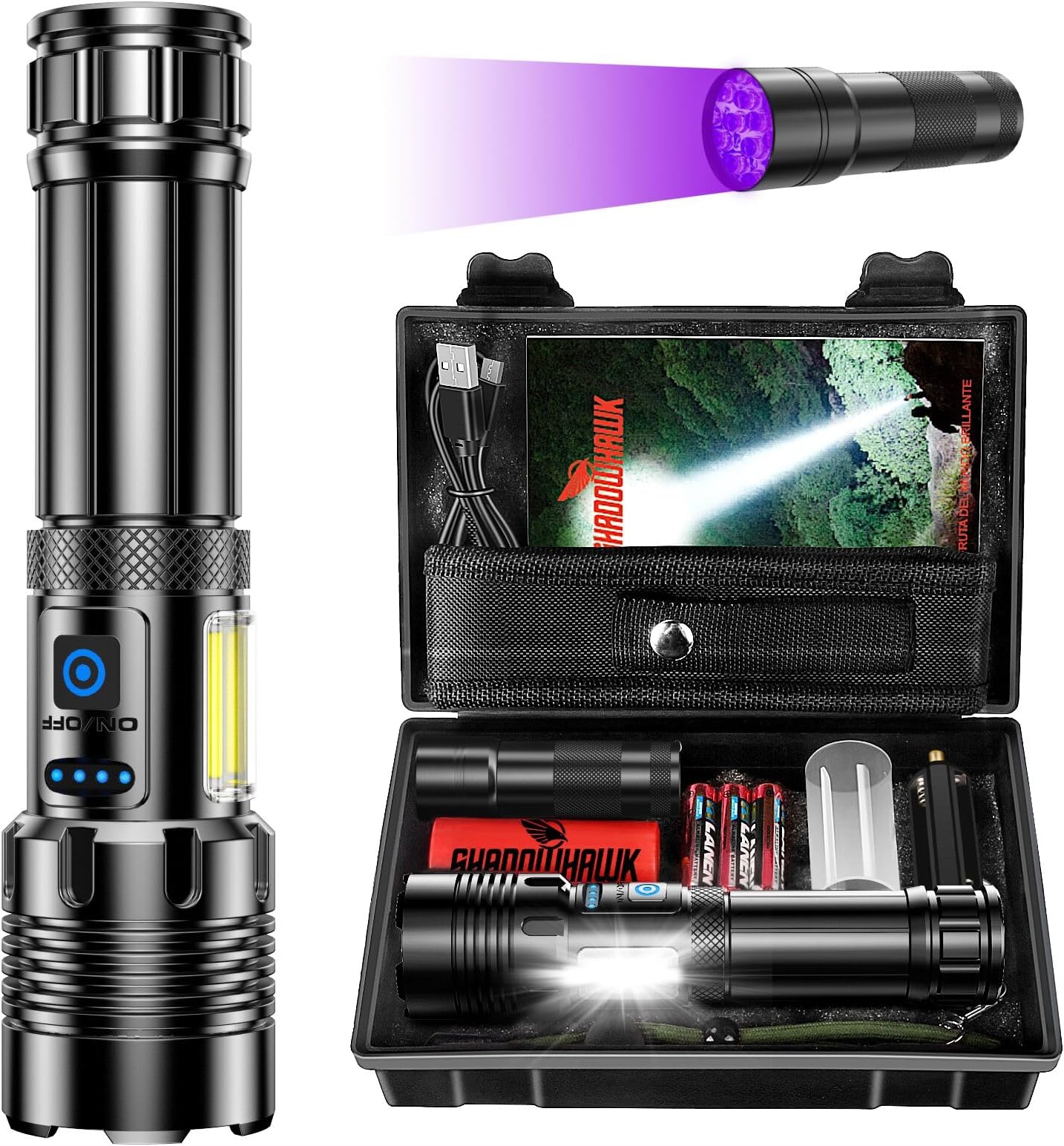 BEYSTE Lampe Torche LED Ultra Puissante 500000 Lumens - Rechargeable USB-C, IPX6 Étanche, Longue Portée 1520m + UV & Lumière USB