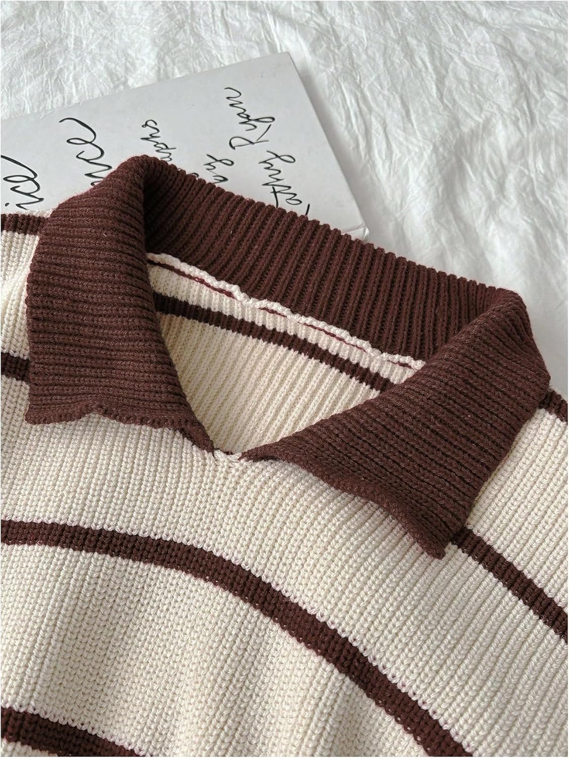 MakeMeChic Women's Collared Striped Sweater Long Sleeve Knit Fall Winter Sweaters Preppy Tops - Image 3