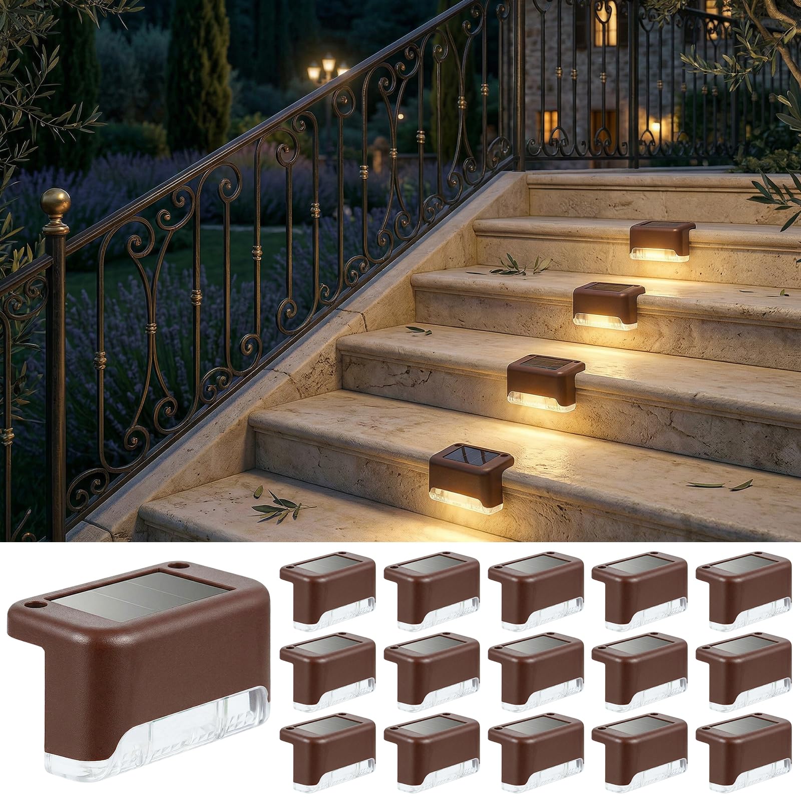 Qoosea Luci Solari da Giardino Esterno, 16 Pezzi Luce Solare Led per Scale Bianco Caldo, Impermeabile Luce Solare Faretto Lampade Solari per Scale Patio Sentieri Giardino Decor
