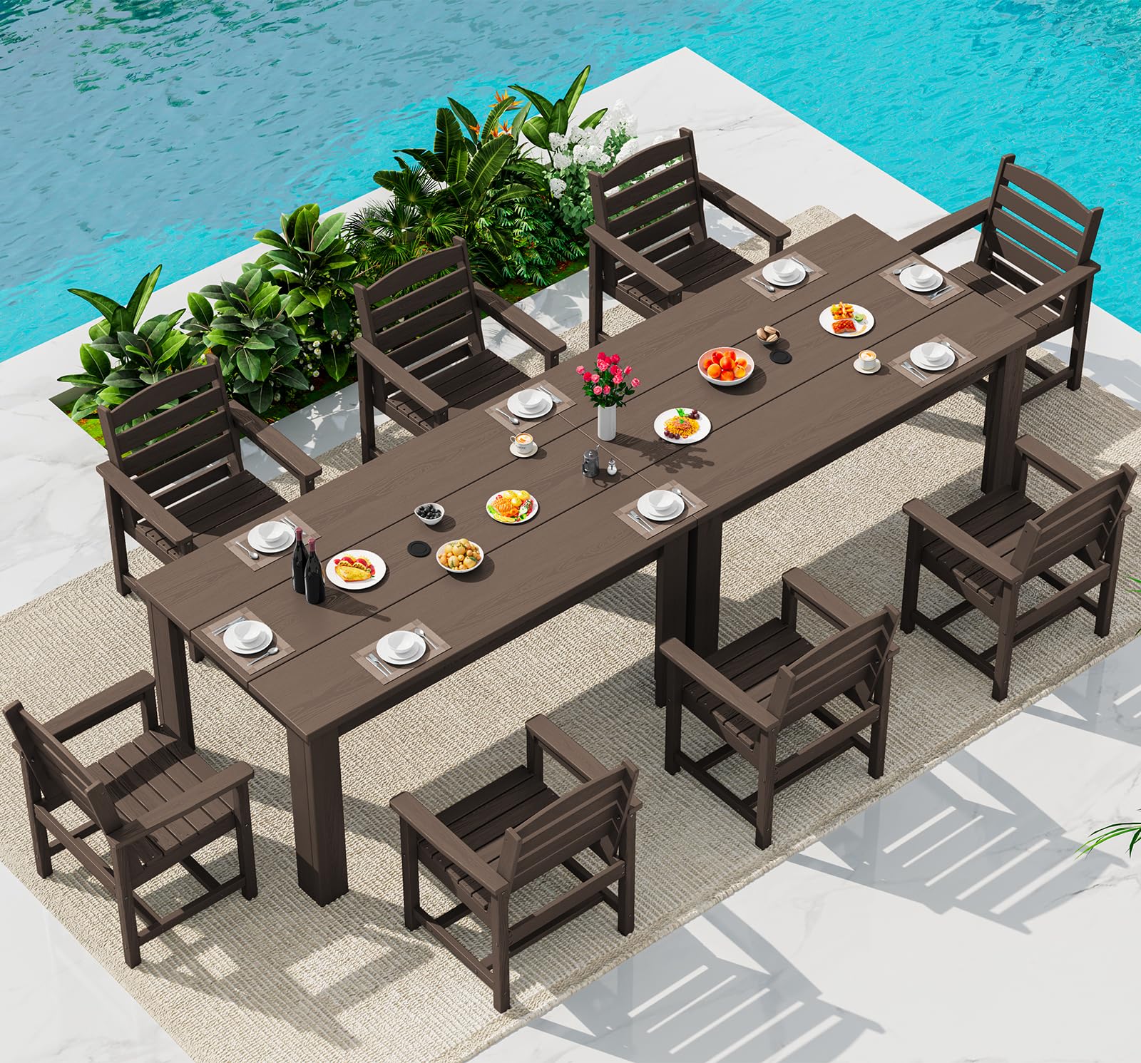 SERWALL HDPE Patio Dining Set for 8, w/ 2 Tables &amp; 8 Armchairs, Coffee
