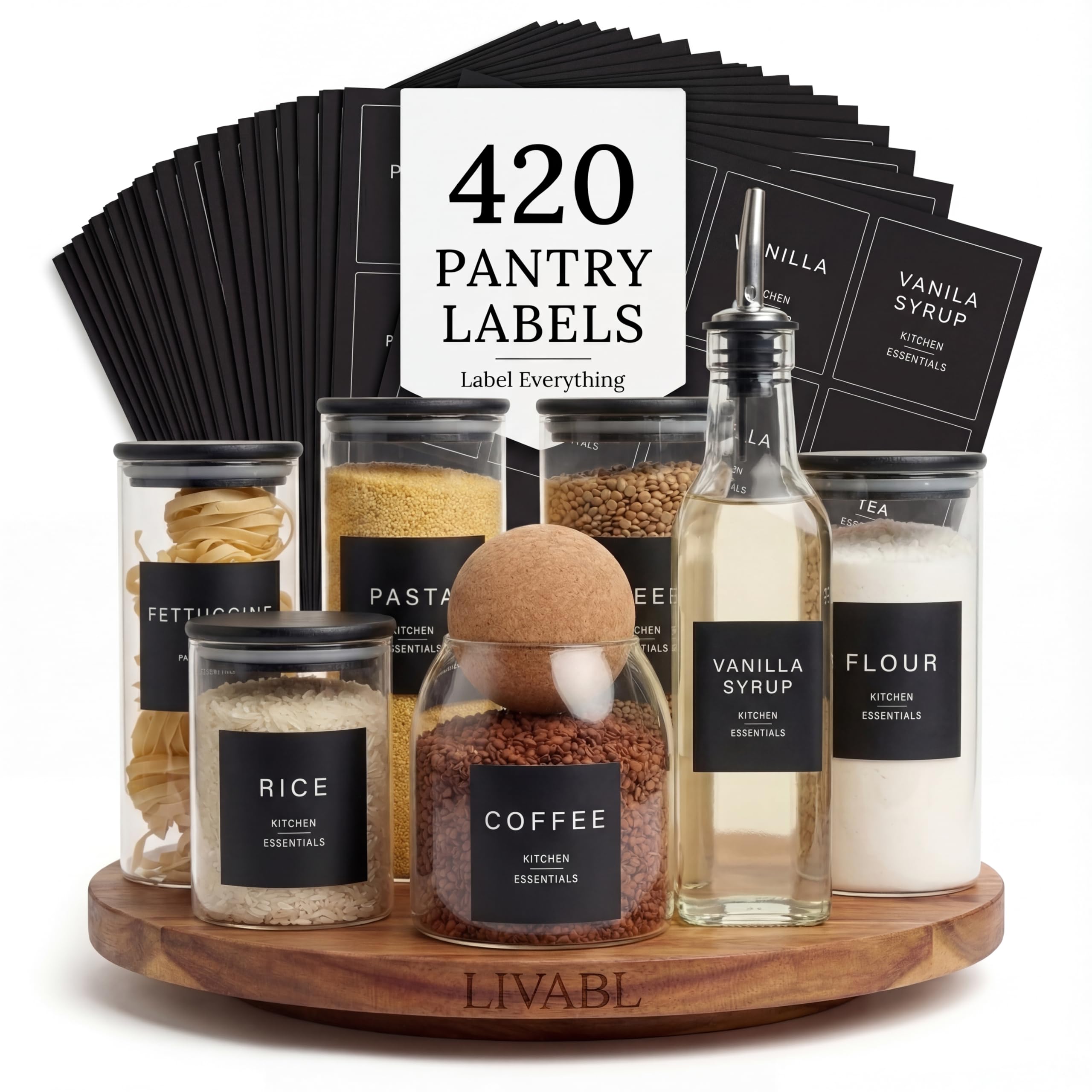 420 Black UK Designed Pantry Labels for Jars - Stylish Minimalist Food White Labels Stickers for Jars | Kitchen Organisation - Durable Design for Long-Lasting Use | Includes Tea Coffee Sugar