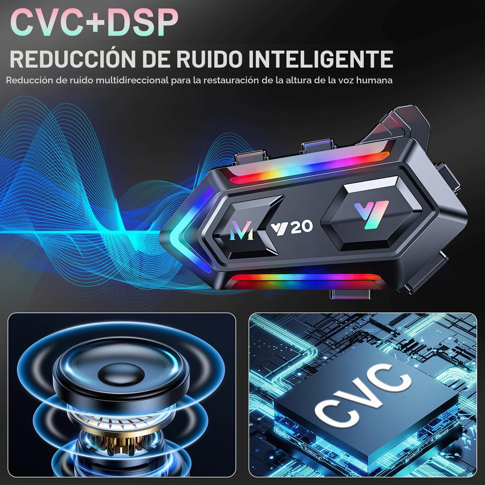 OBEST Auriculares Casco de Moto, Auricular de Motocicleta con Iluminación RGB, Manos Libres inalámbricos Bluetooth 5.3 para Moto Dual Noise Cancellation Subwoofer,IPX6,1000mAh
