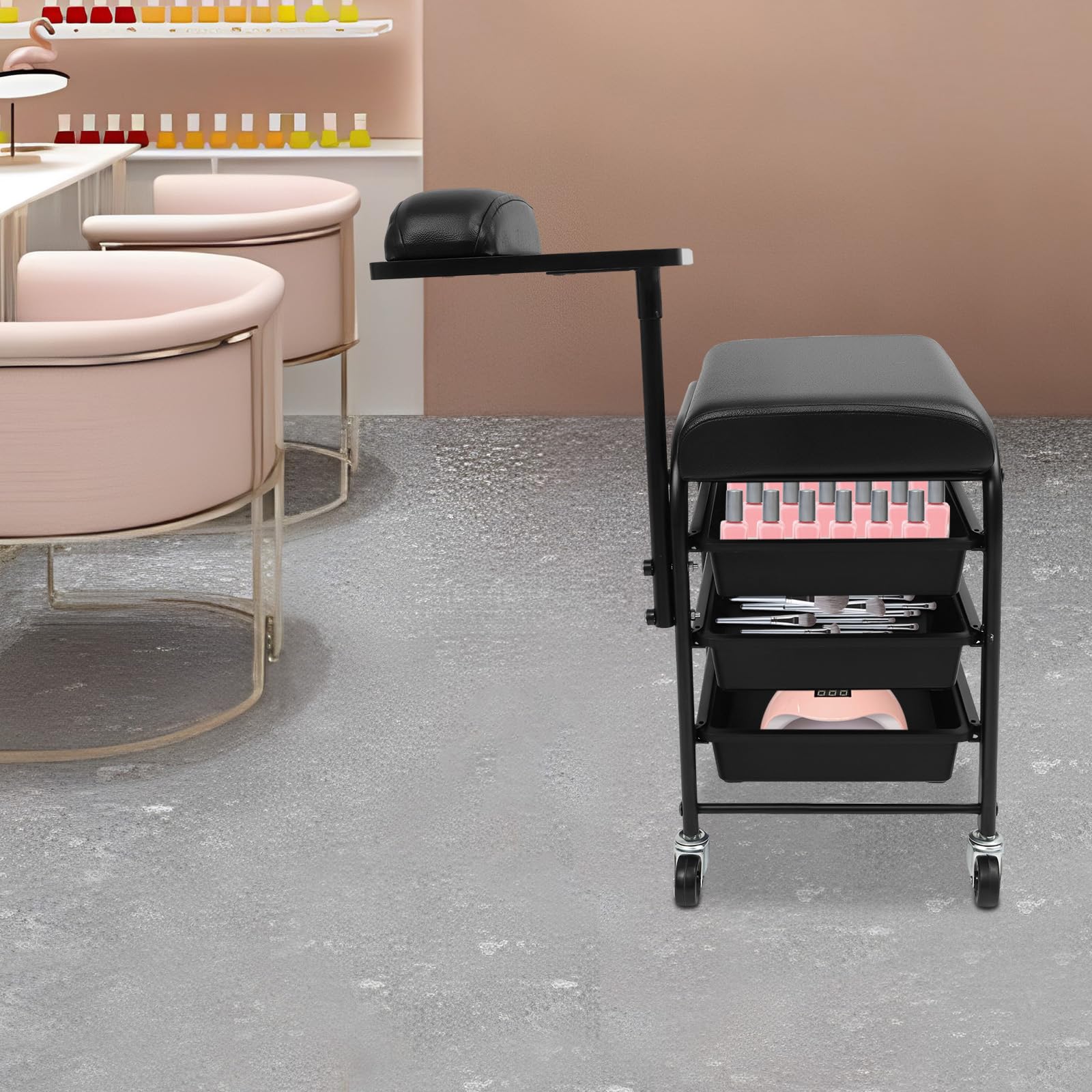 Carro de uñas de salón de belleza, spa portátil con 3 cajones, capacidad de carga de 75 kg, con toallero suave, para salón de uñas, cosméticos, 38 x 30 x 50 cm, negro