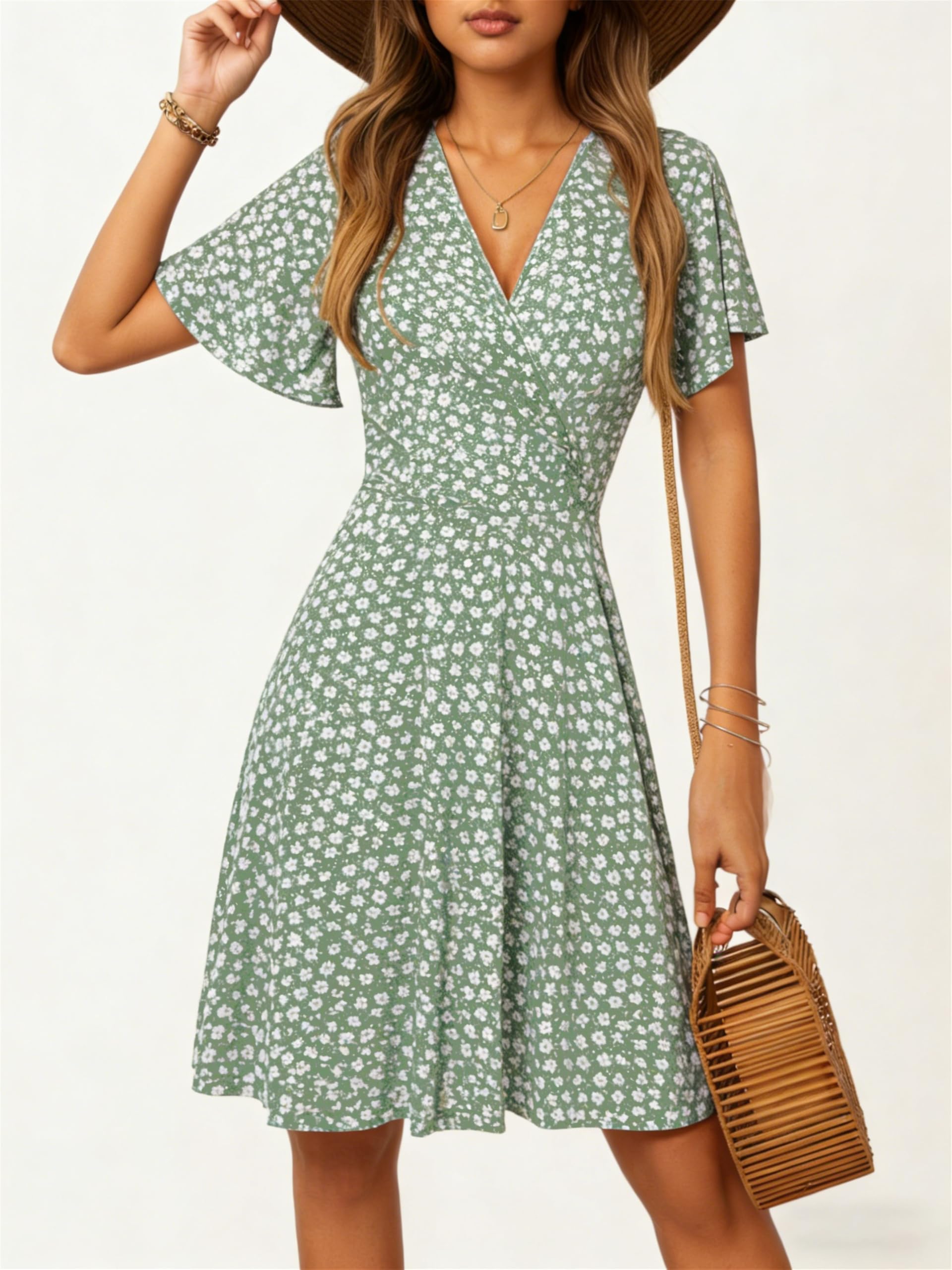 Oyamiki Abiti estivi da donna con scollo a V prendisole casual floreale da spiaggia avvolgente abito a maniche corte con tasche | Sopra il ginocchio, manica corta con volant, Midi, linea A, stile casual alla moda