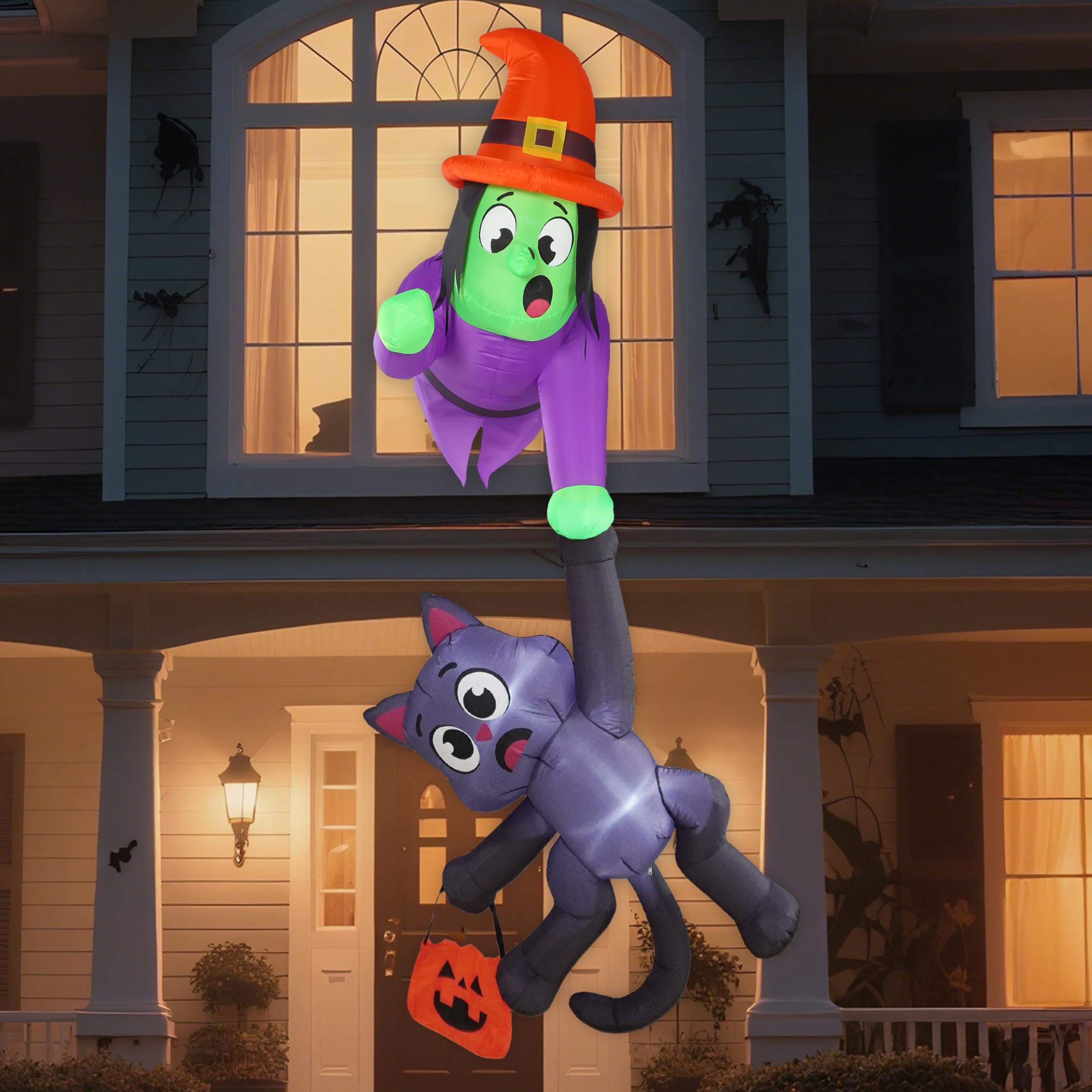 JOYIN Nadmuchiwana dekoracja dachu na Halloween, wysokość 2,44 m, czarownica i czarny kot, nadmuchiwana dekoracja ze światłami LED, ogromne nadmuchiwane artykuły na Halloween, do użytku na zewnątrz