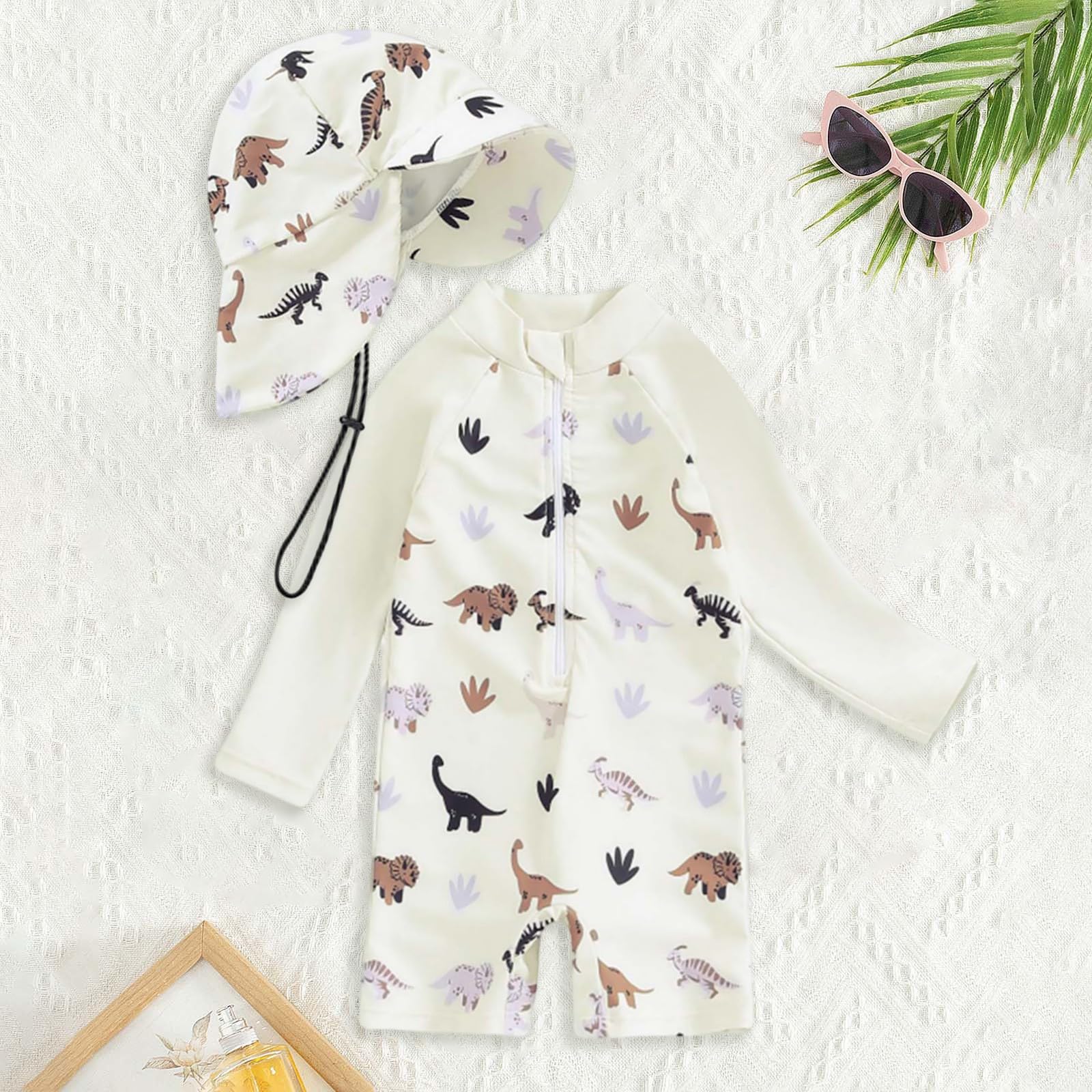 Maillot de Bain Bebe Garcon Fille de 2 Pièces Anti-UV Combinaison Zippé Imprimé Chapeau à Large Bord Toddler Une Pièce Protection Solaire Maillot Anti UV Bebe pour Garçon Fille
