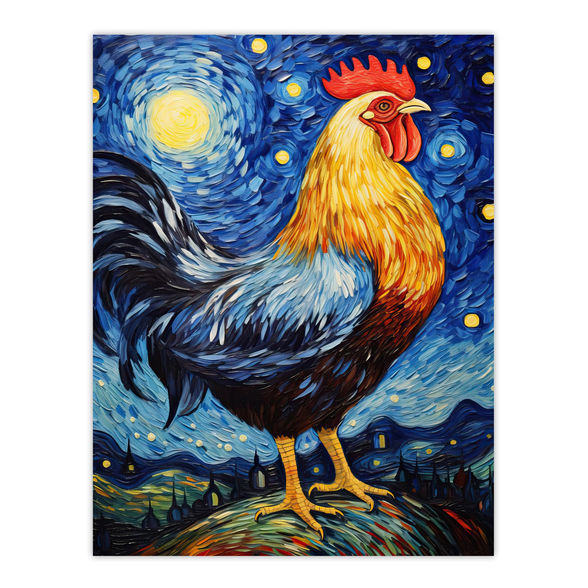 Artery8 Waiting For The Dawn Rooster Cockerel In Van Gogh Starry Night Style Extra Large XL Wall Art Poster Print